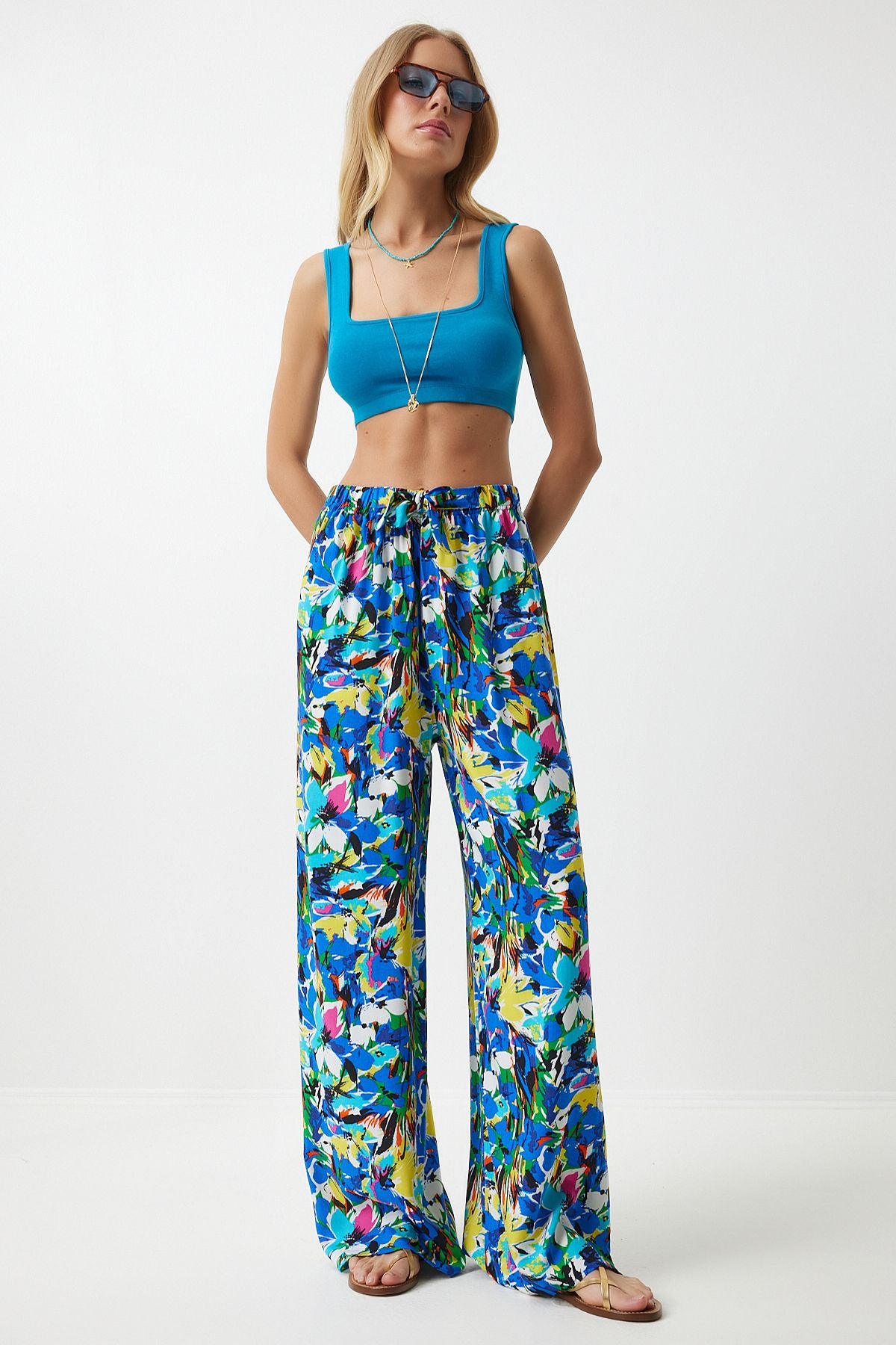 Woman Yellow Blue Blue Patterned Viscose Palazzo Pants EN00606