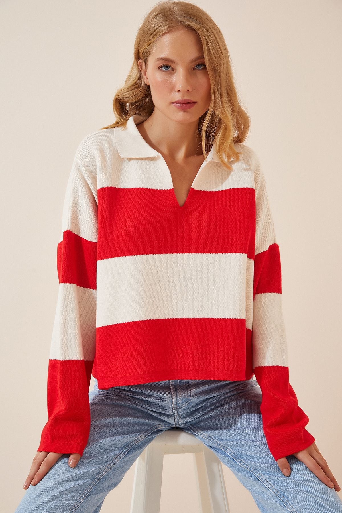 Woman Red White Polo Yaka Oversize Crop Knitwear sweater US00685