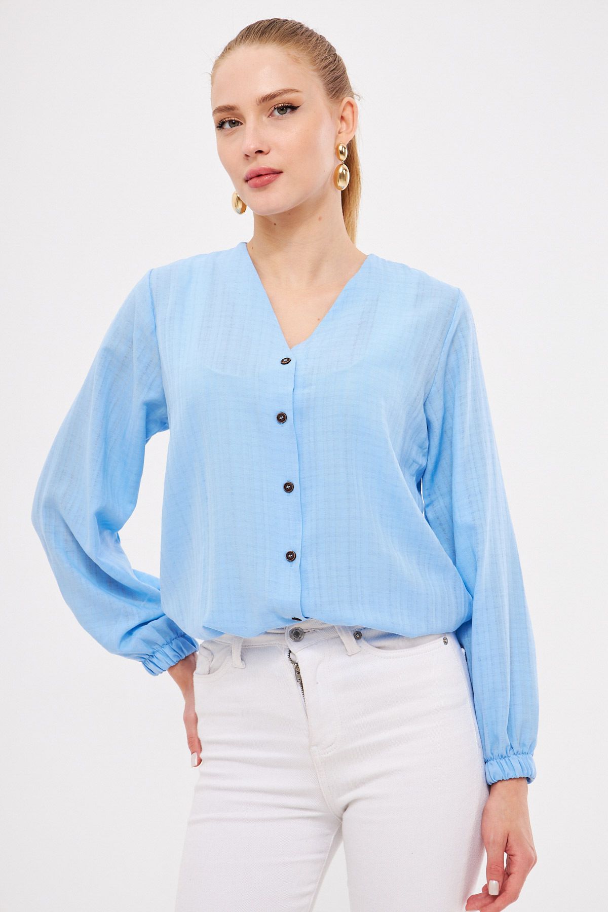 WOMEN BABY BLUE BLANT BUILDING BUILDING SHIRT ARM-24K001002