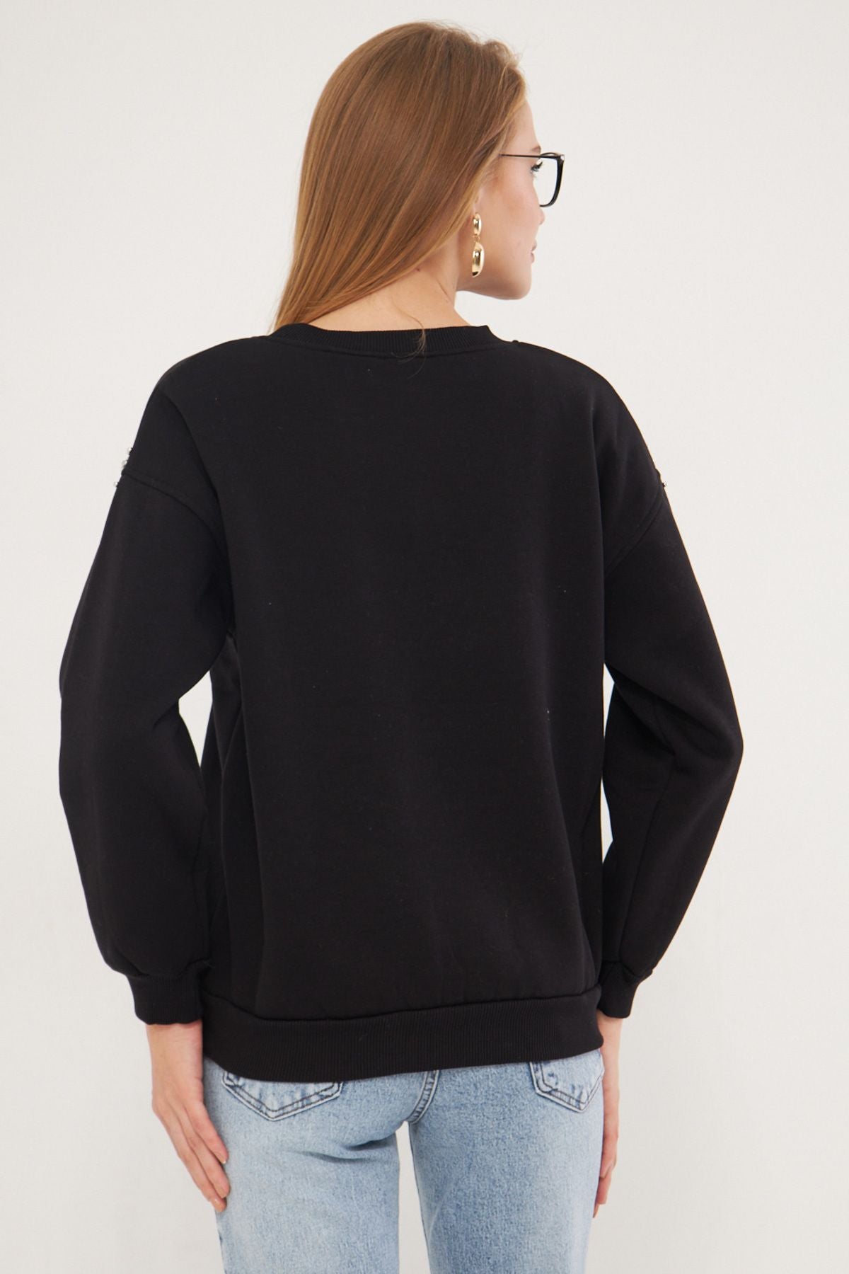 Female black zero-neck-collar branches with stone detailed sweatshirt ARM-25K024001