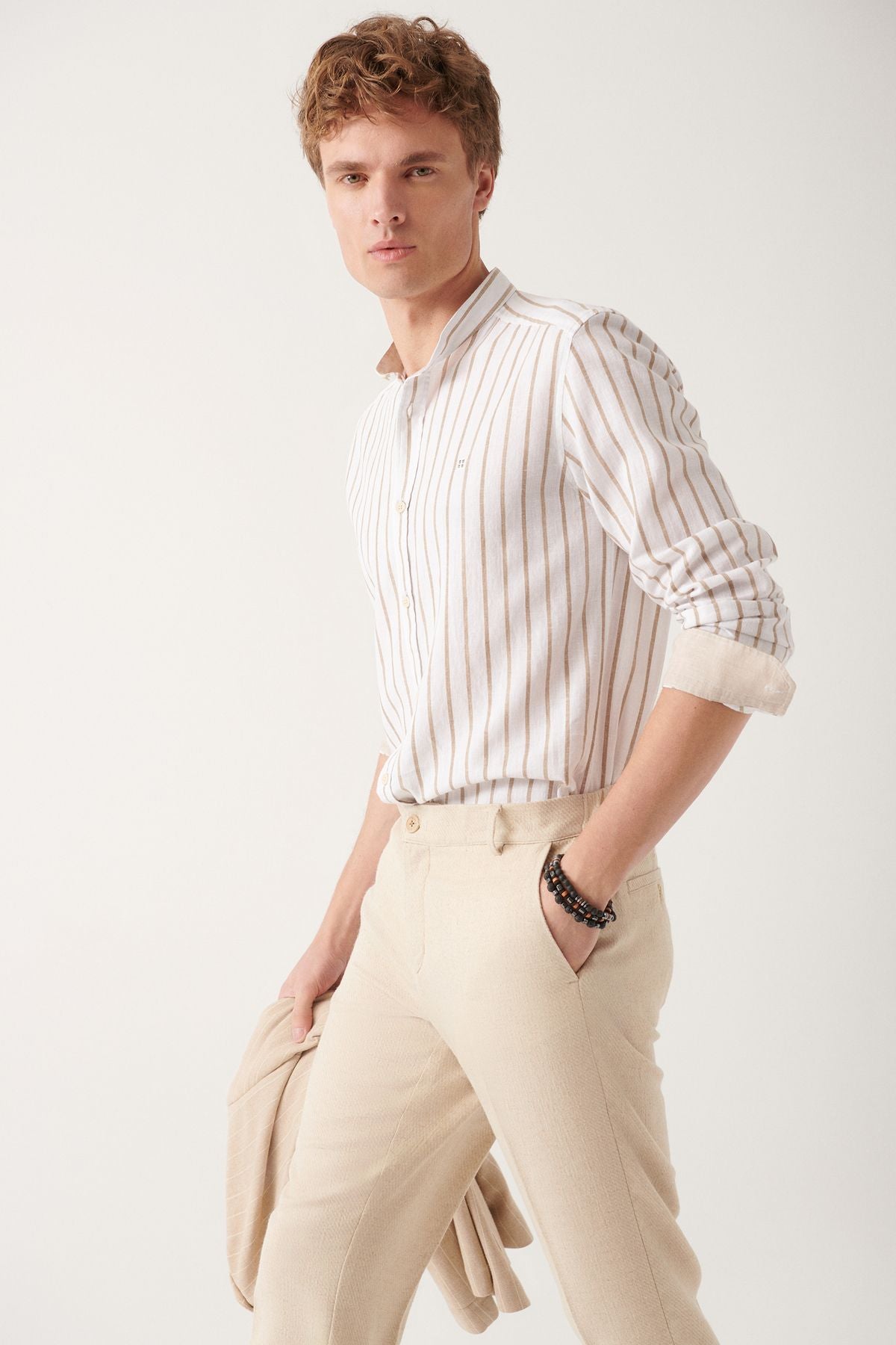 Men's Beige Dominated Cake Striped Cotton Shirt with Linen A31Y2076