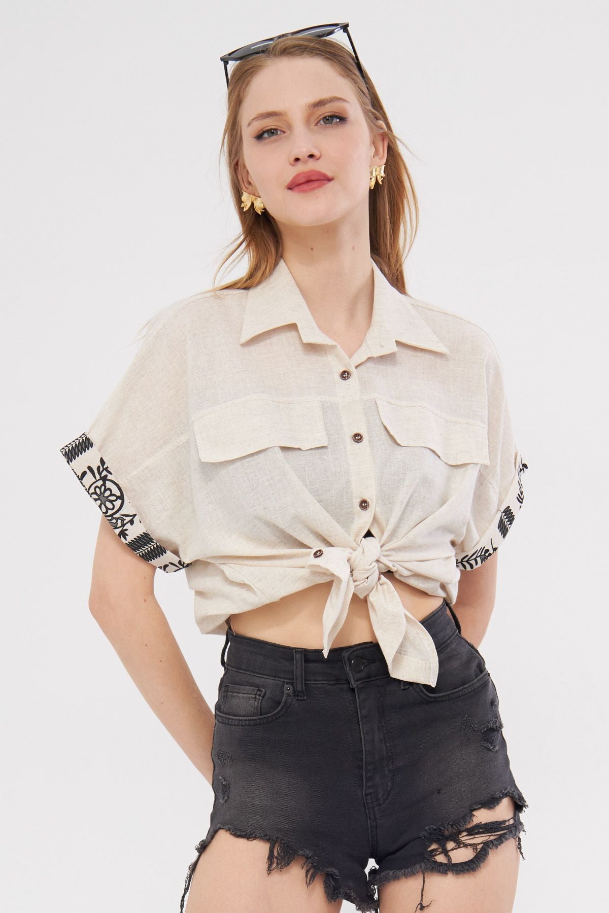 Woman Beige Oversize double arm detailed shirt ARM-24Y001075