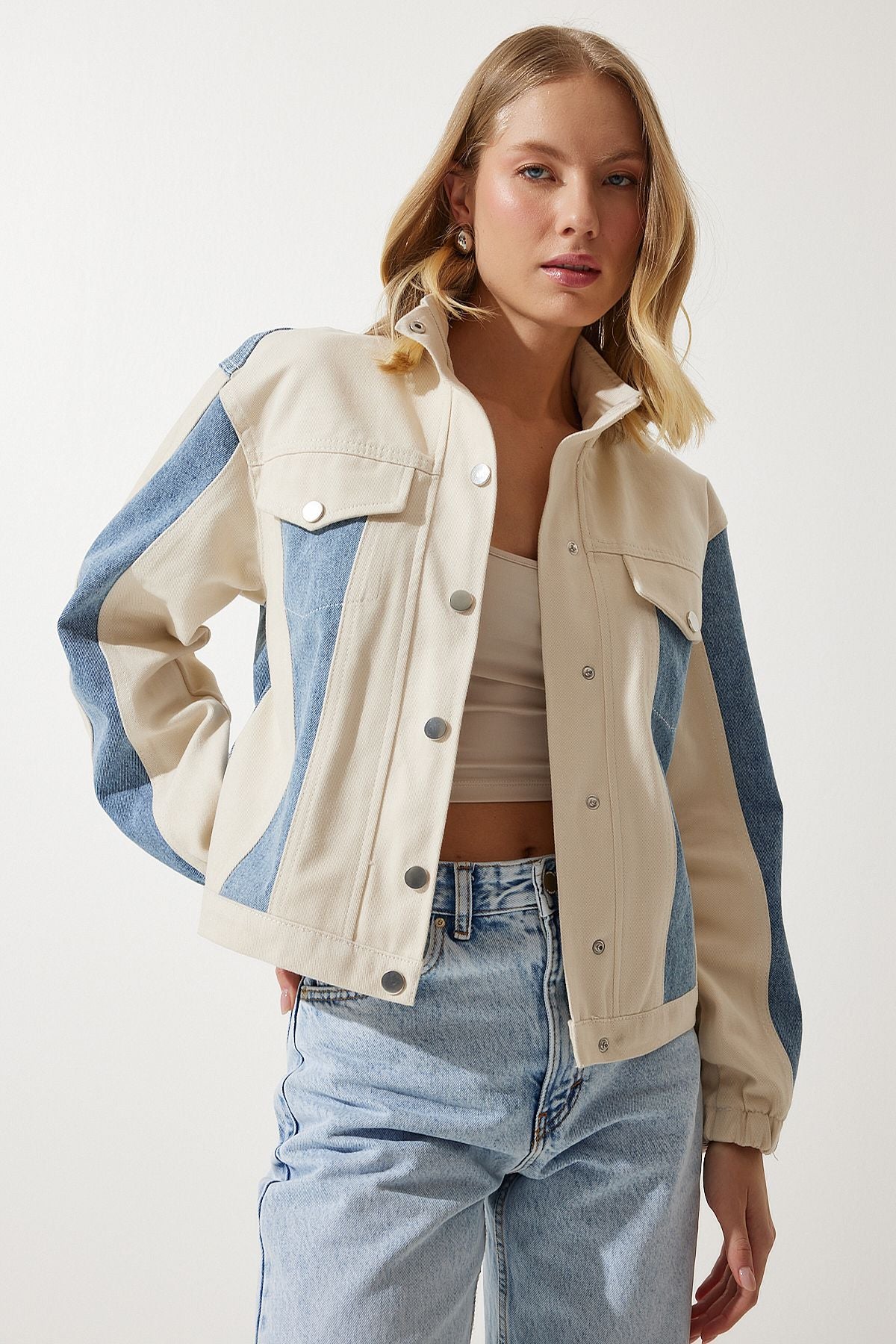 Women's cream blue block colored gabardin jacket rv00181