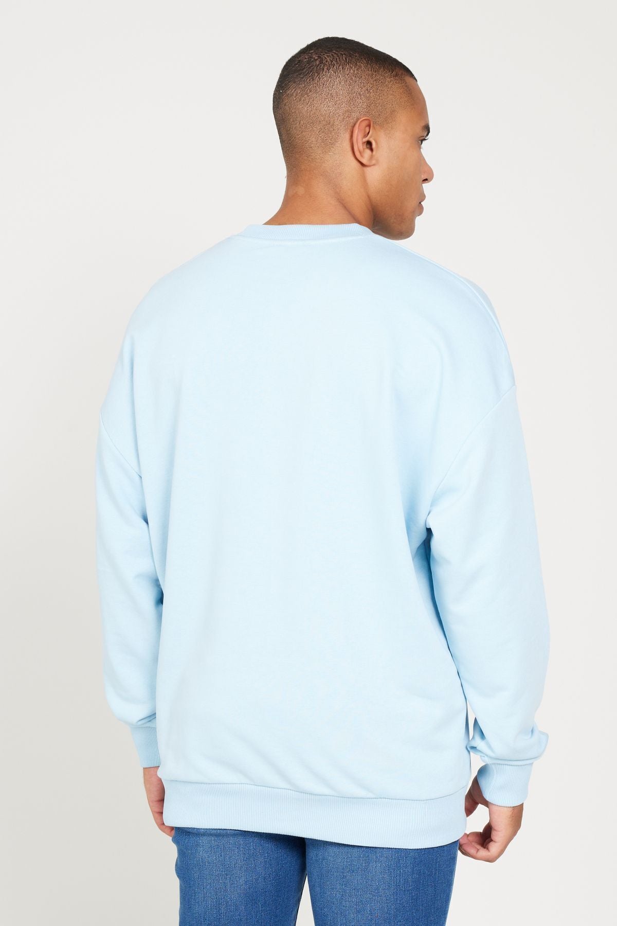 Men's Light Blue Oversize Plenty Cutting 3 IP Bicycle collar Cotton Sweatshirt