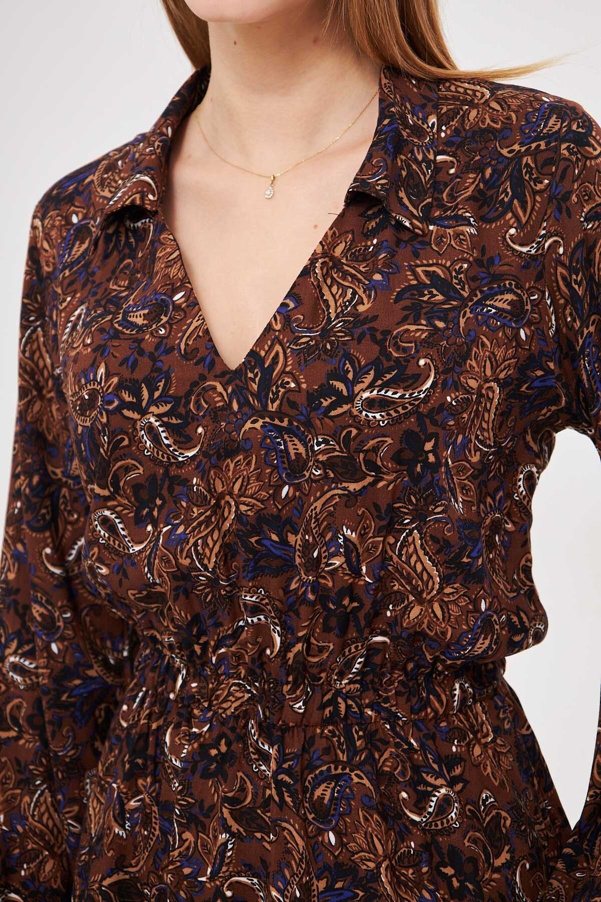 Women's coffee shirt collar detailed waist handle rubber dress with rubber dress ARM-25K001043