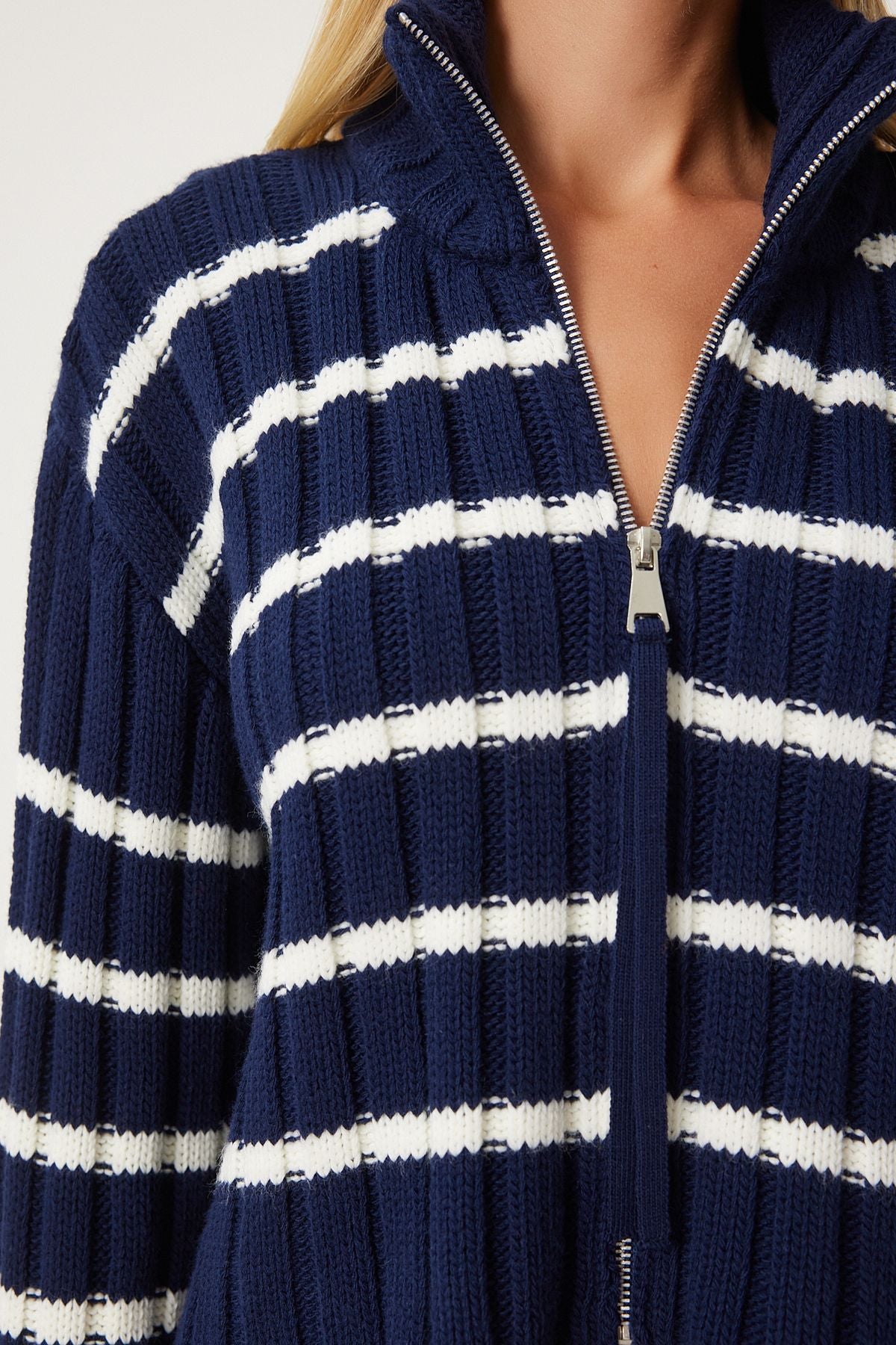 Woman Navy Blue Zipper striped upright collar knitwear cardigan pf00081