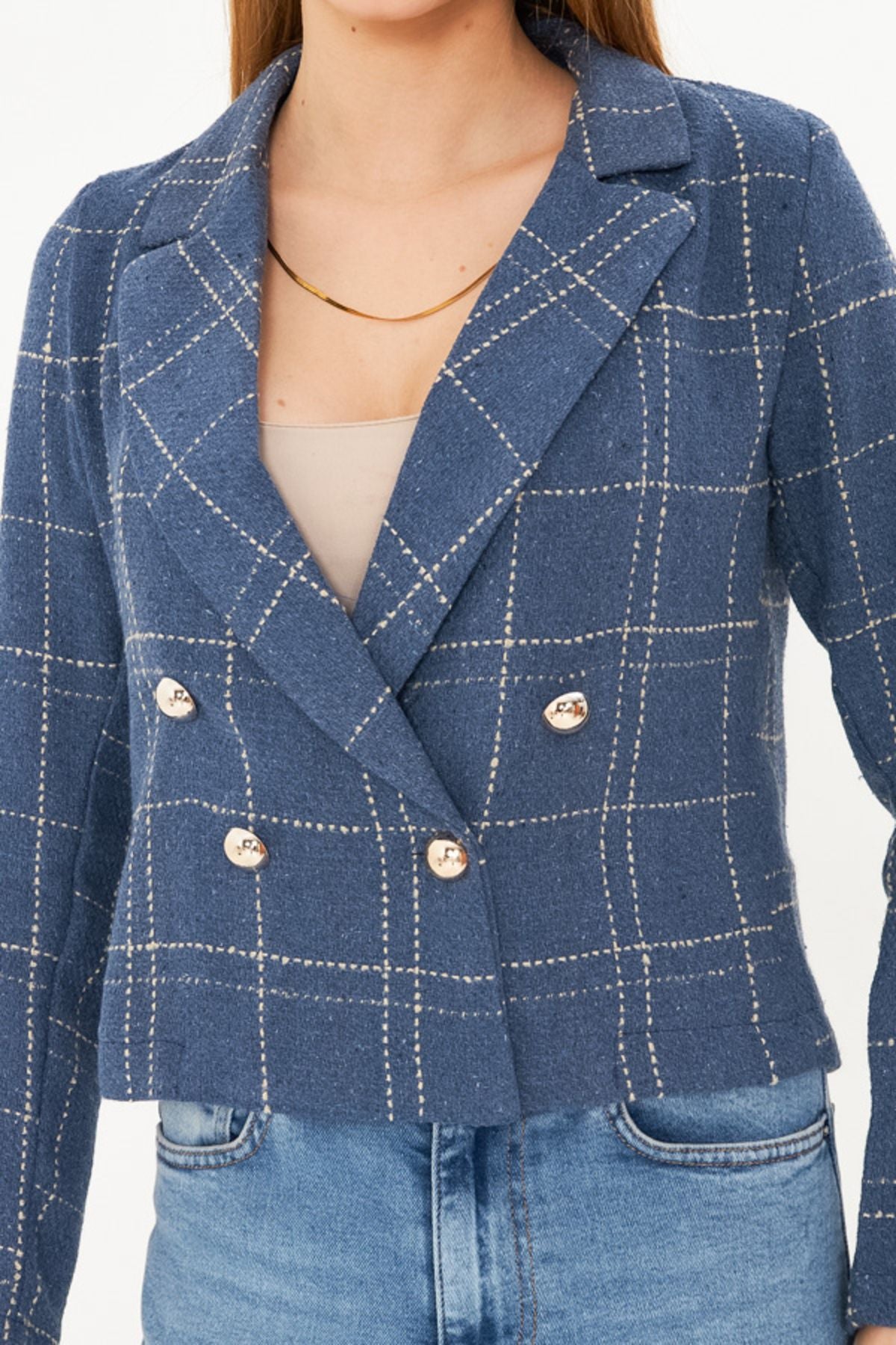 WOMEN INDIO-BEJ KROVAZE YAKA TÜVİT CROP JACKET ARM-24K001014
