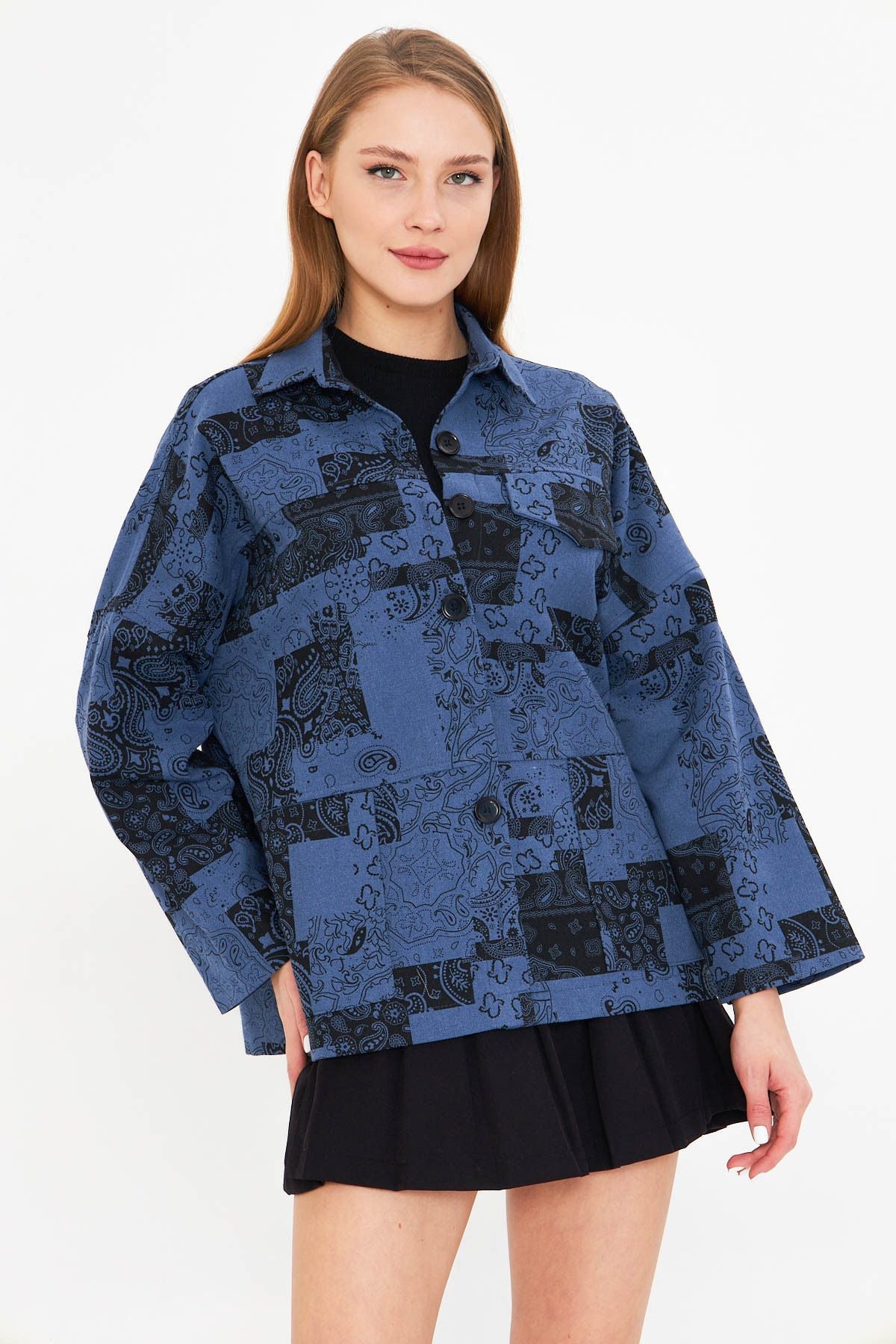 Woman Dark Blue Patterned Pocket Detail Shirt Jacket ARM-25K001071