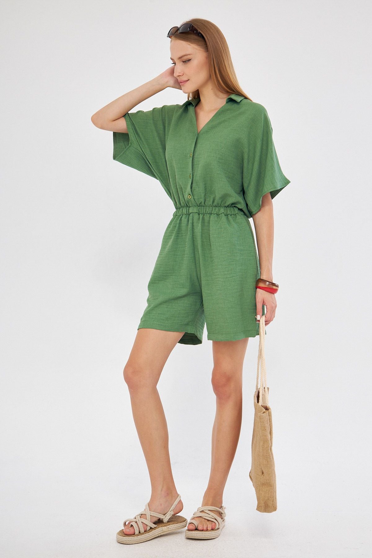 Female Green Shirt Cep Short Jumpsuit Arm-24Y001113