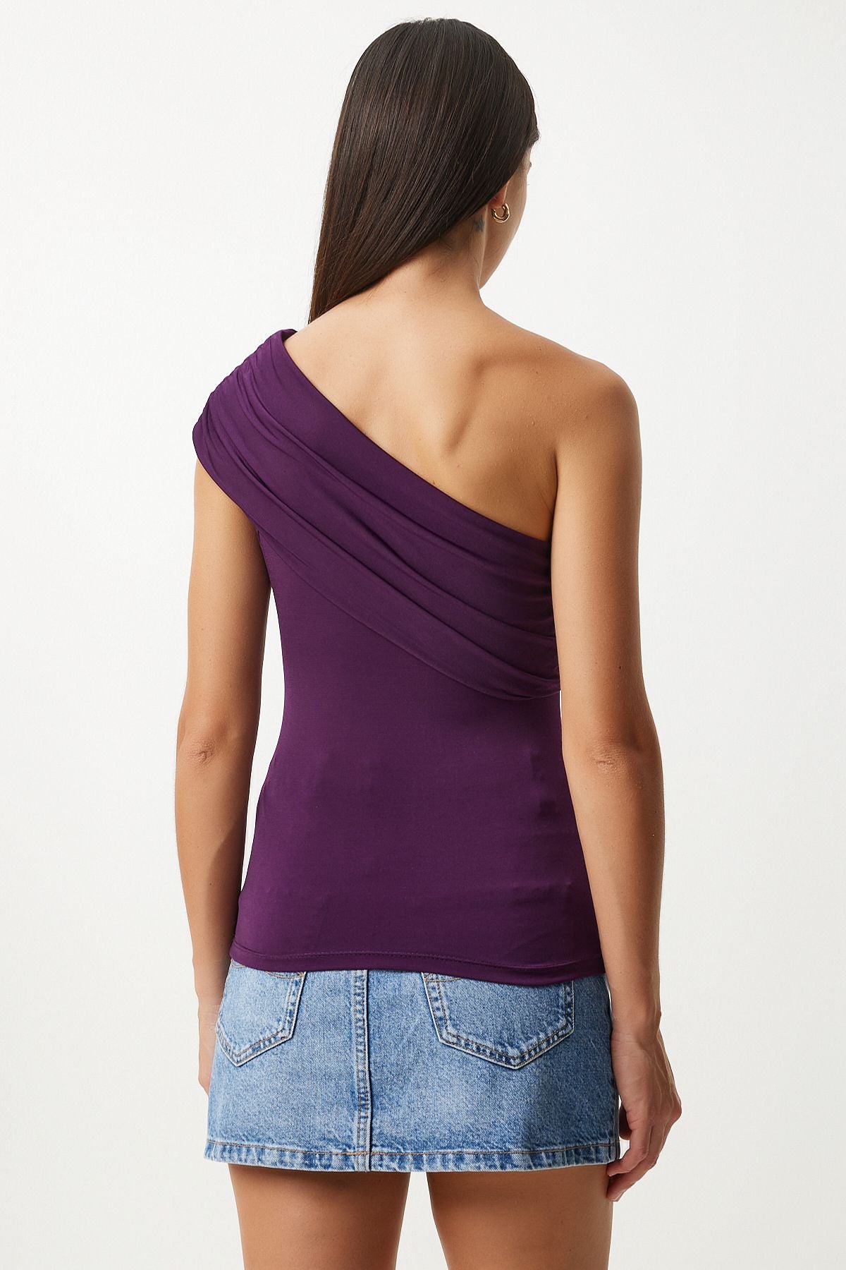 Woman purple single shoulder shirred knitted blouse dz00112