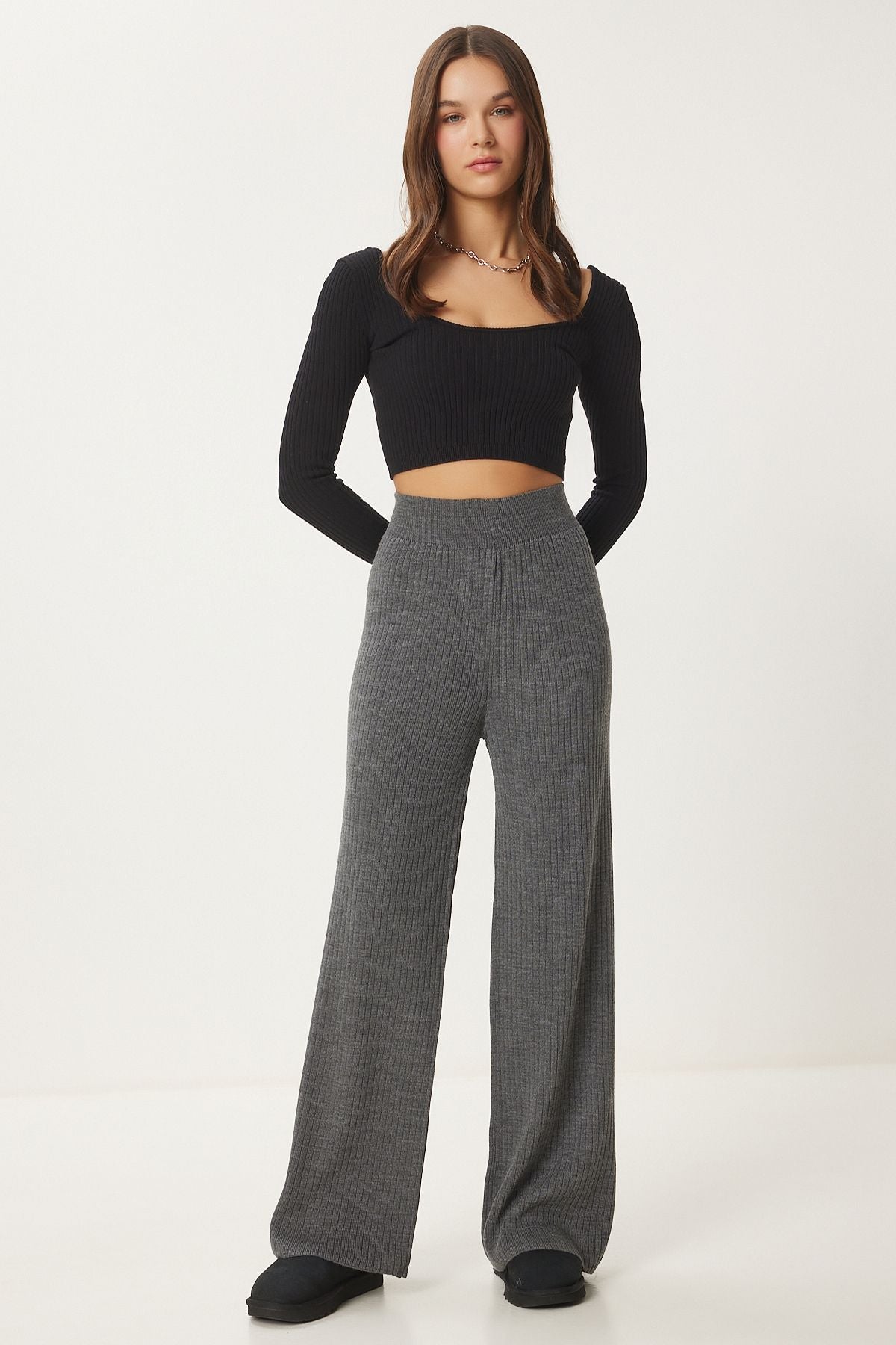 Woman anthracite wick knitwear pants ki00096