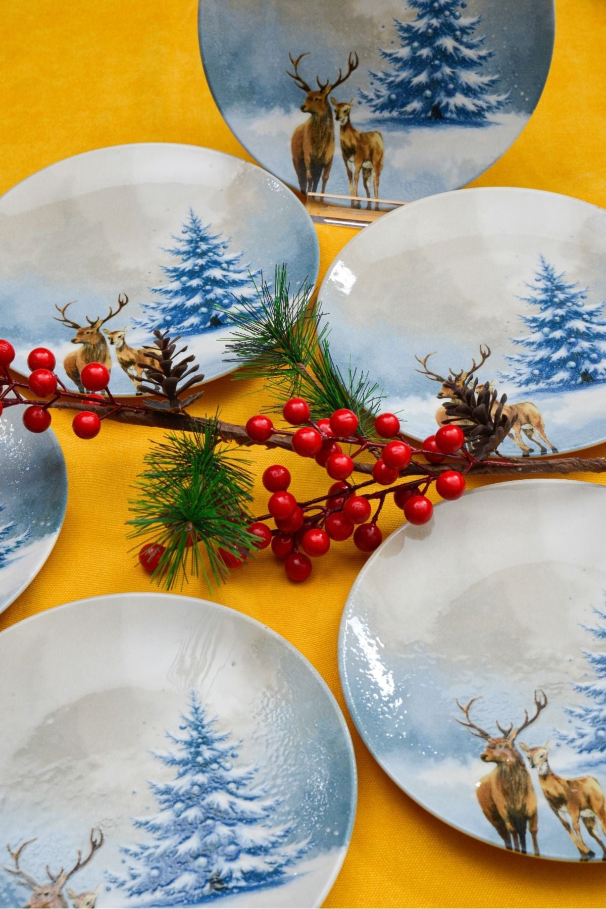 Blue Deer 7 Piece Porcelain Cake Plate Set