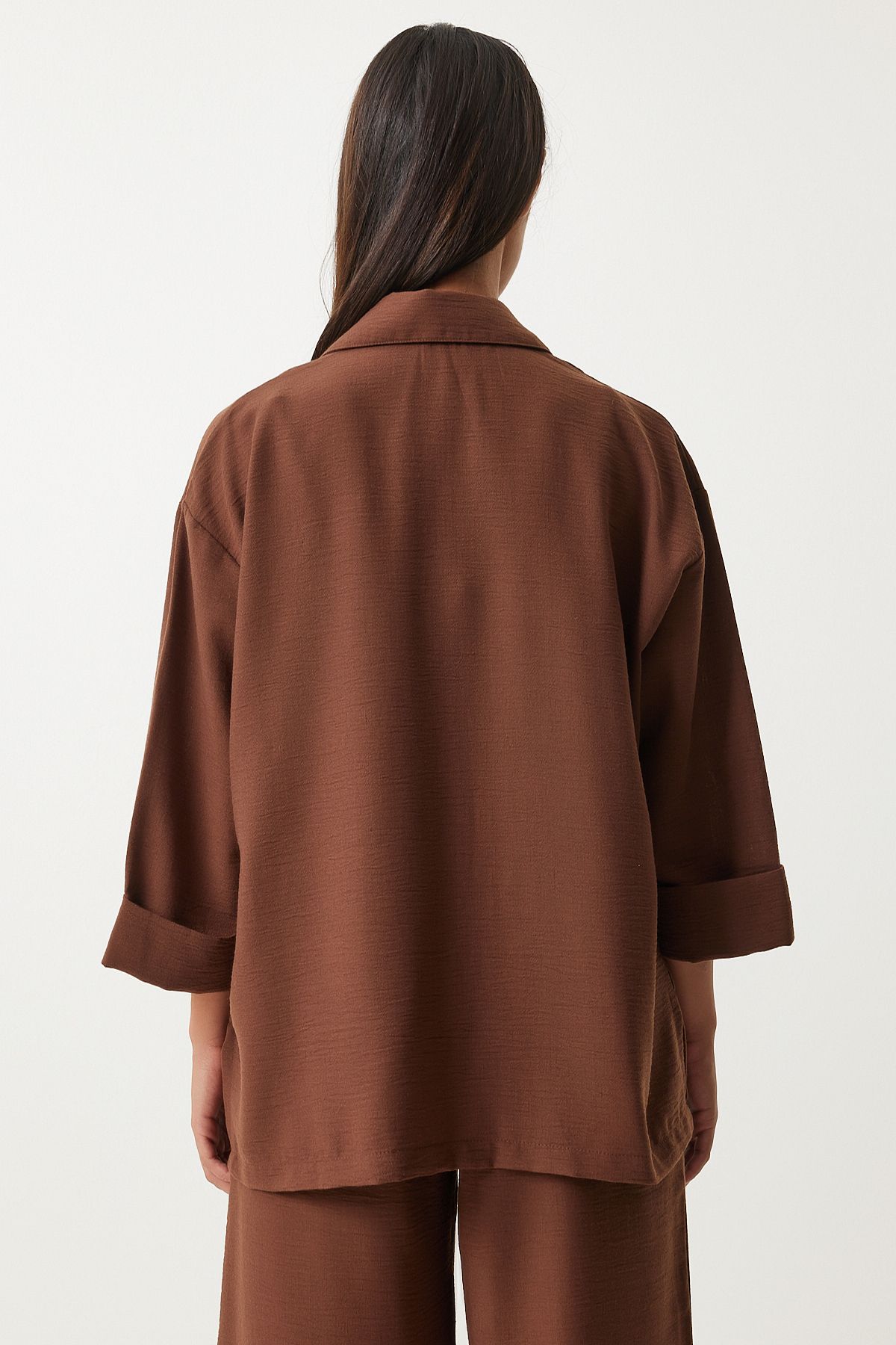 Female brown wide pocket linen mixed shirt pants set FN03205