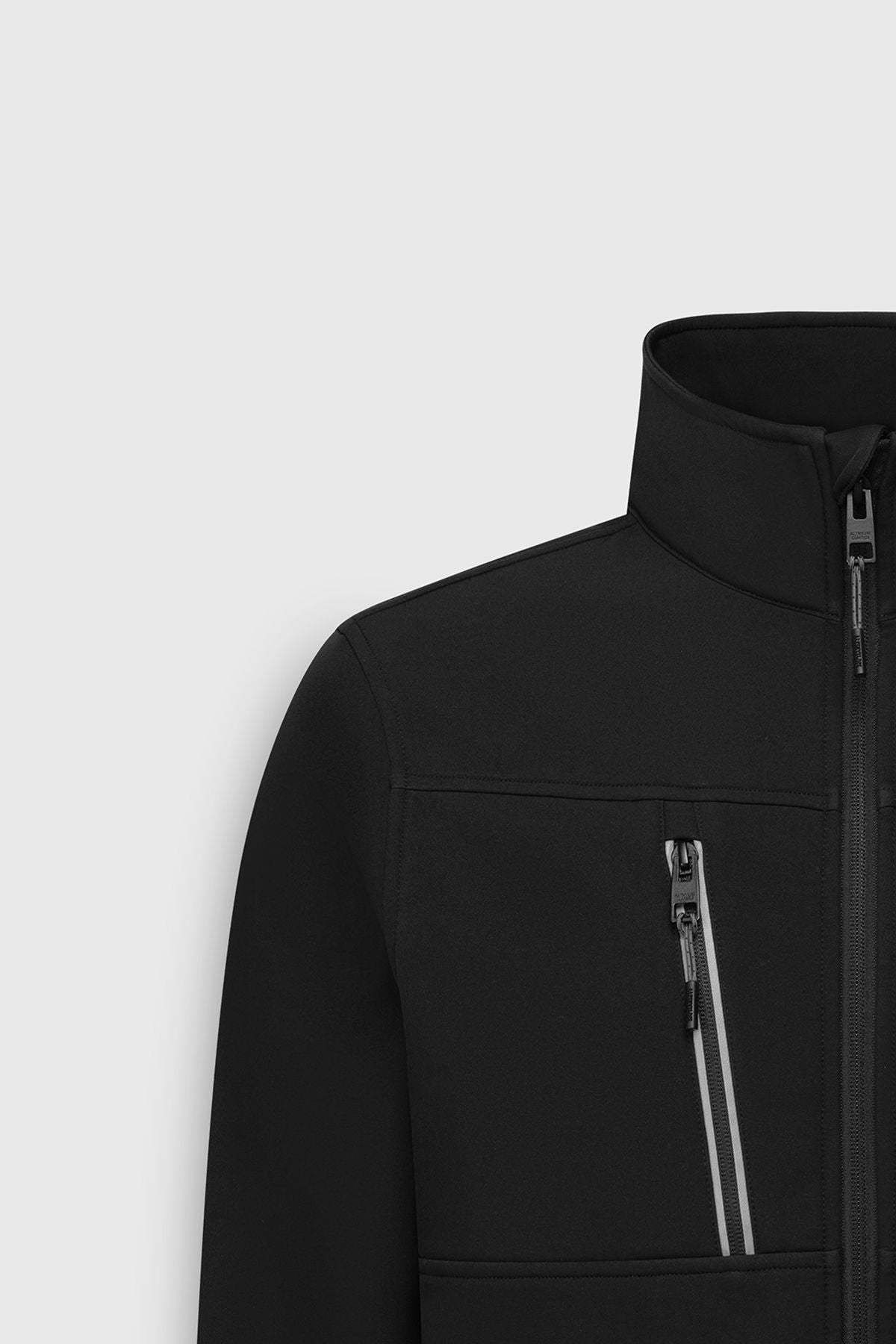 Men's black softshell standard fit normal cut upright collar zipper jacket with side pockets