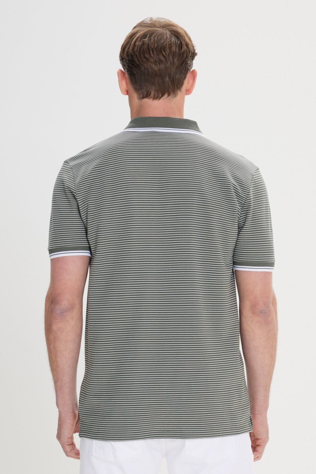 Men's Khaki-White Slim Fit Narrow Cut Cotton striped Polo Yaka T-shirt