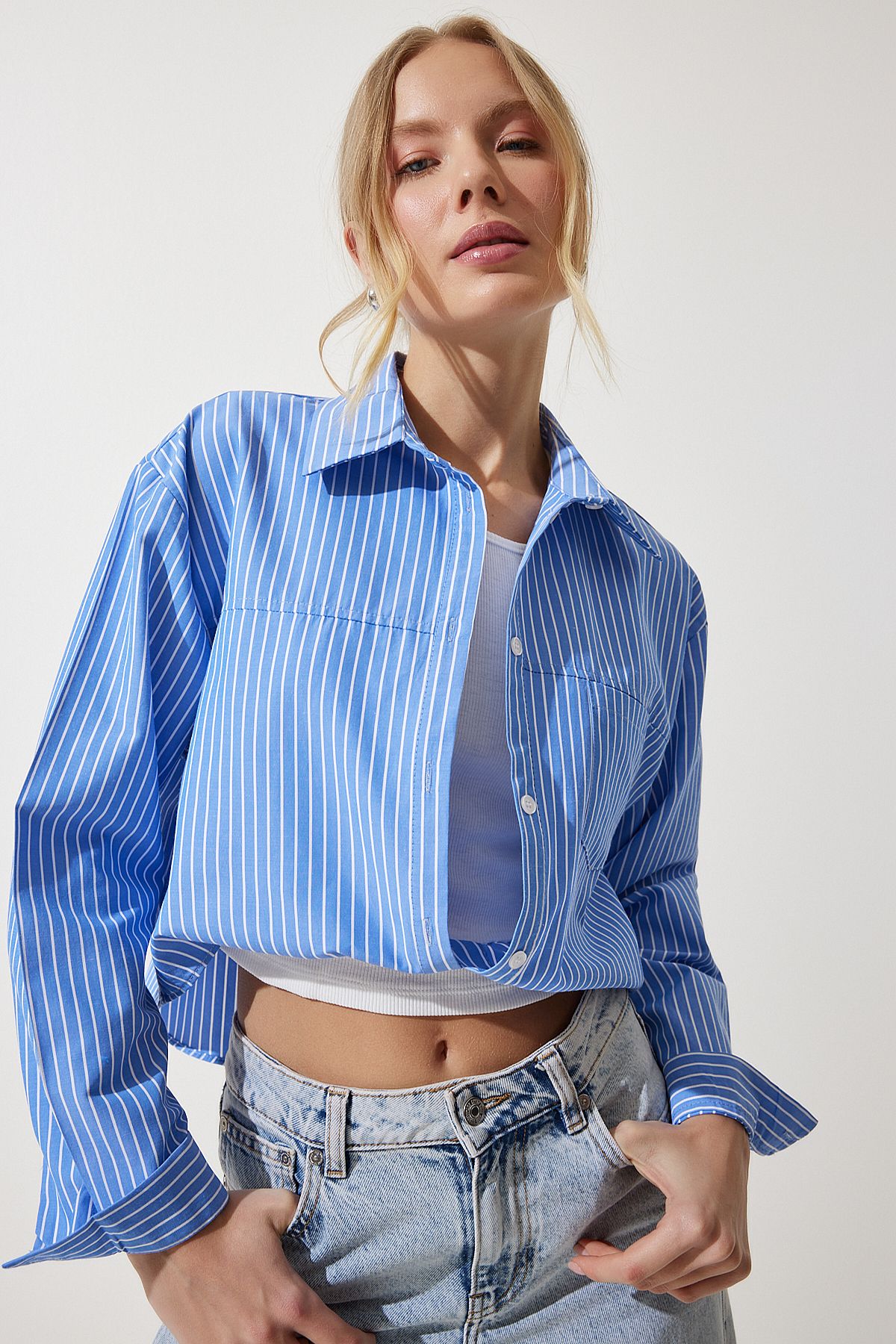 Women's Sky Blue Blouse Detail Crop Shirt RG00022