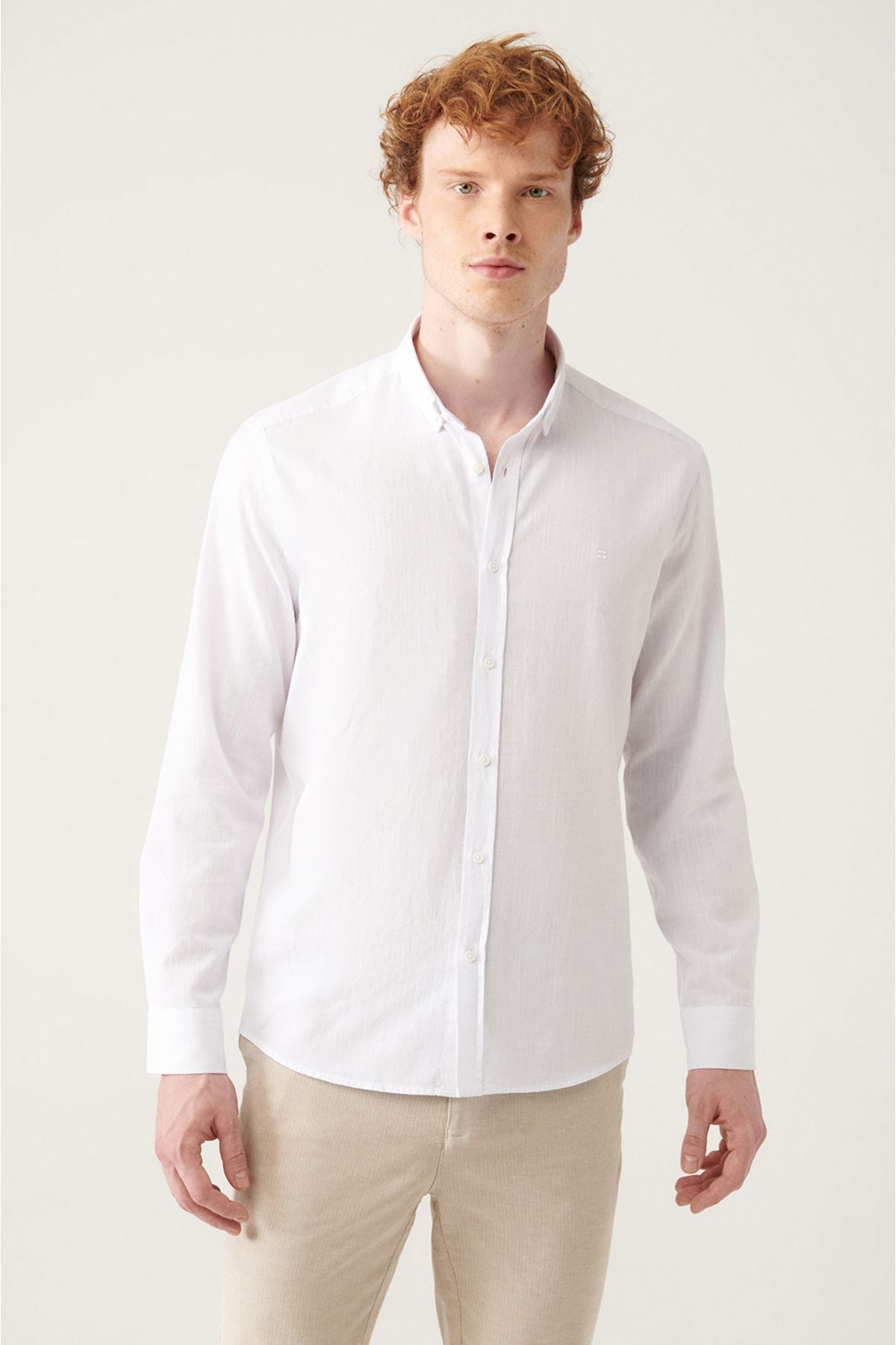 Men's white button collar 100 %cotton linen textured shirt E002141