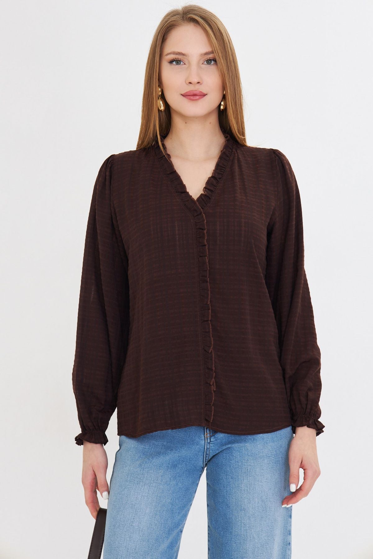 Woman Dark Coffee Collar and Ruffle Detailed Arms with Rubber Long Sleeve Blouse ARM-25K001030