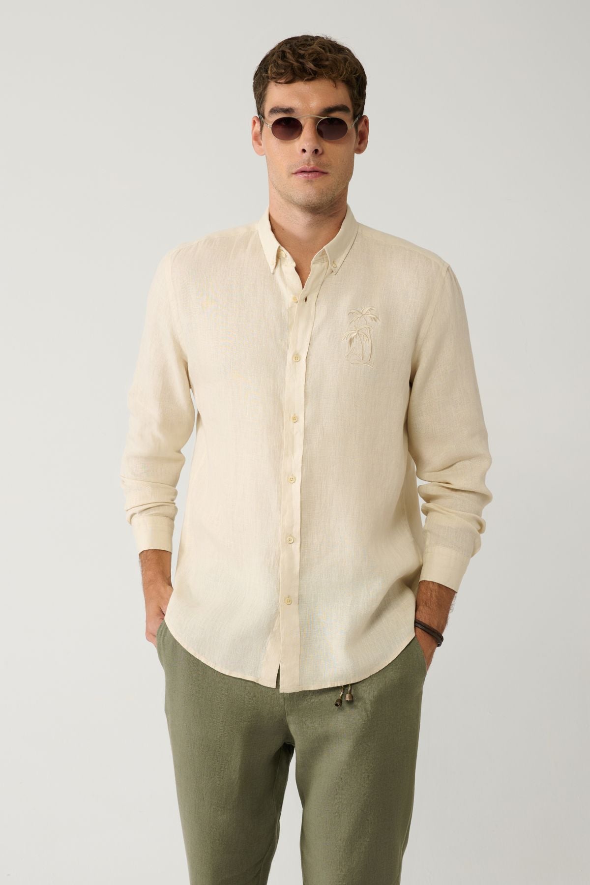 Men's beige button collar 100 %linen embroidery shirt A41y2232