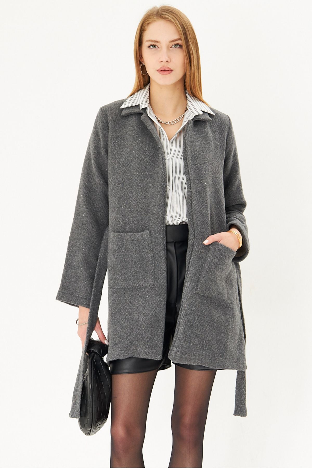 Female anthracite male collar pocket belt coat ARM-25K001053