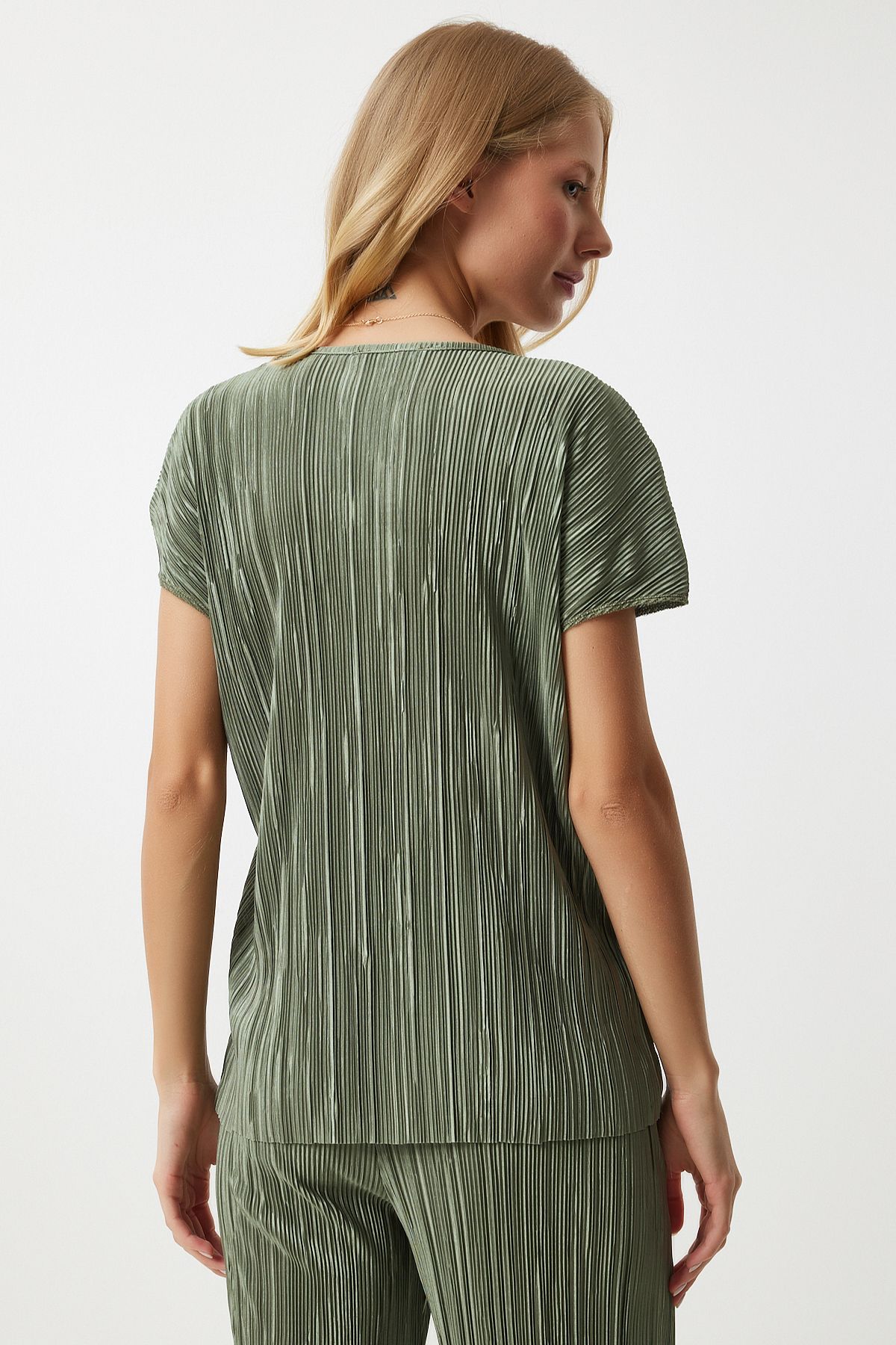Female Cagla Green Pilisle Casual Blouse Pants Set Mc00283