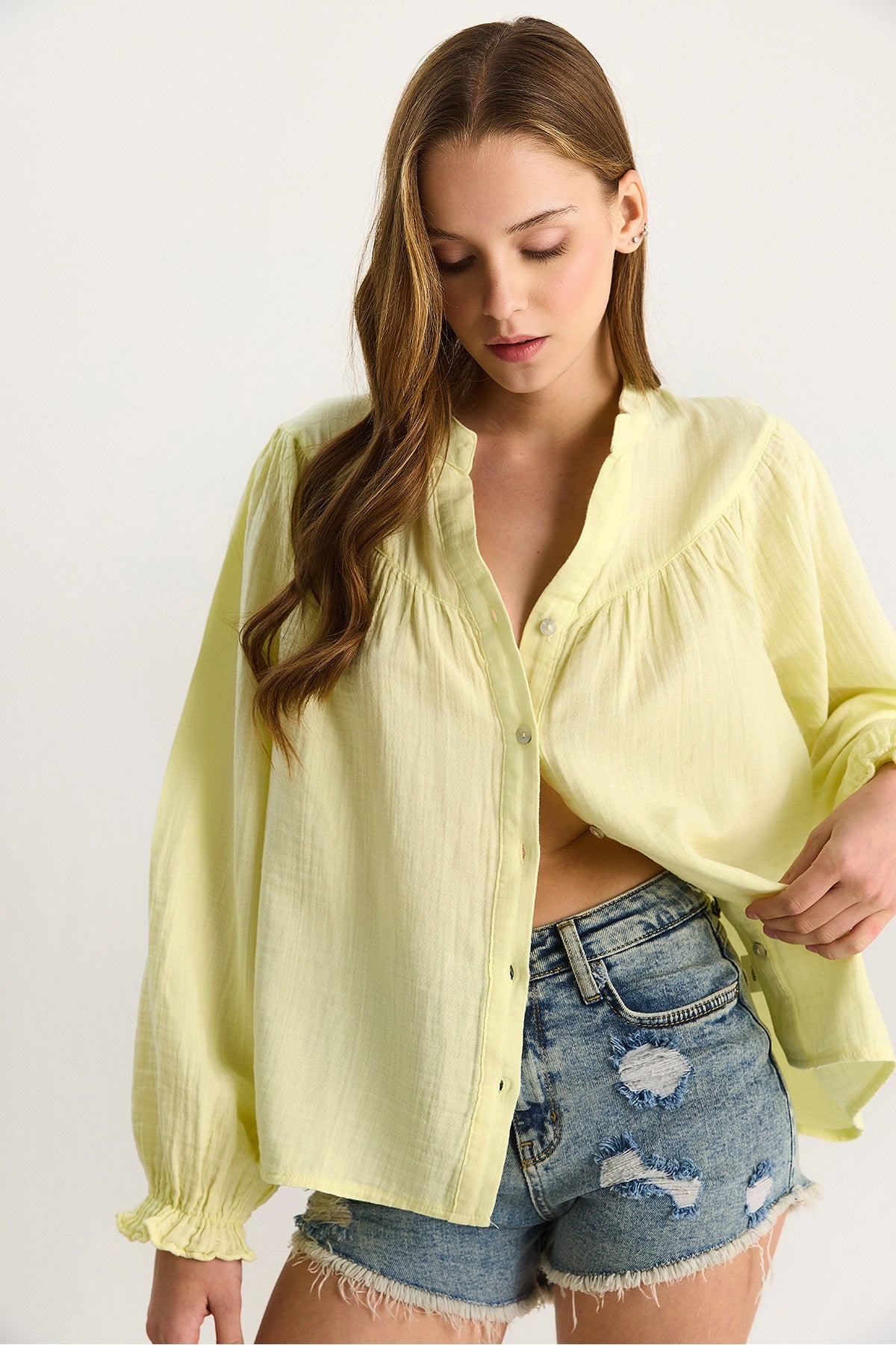 Women's Buttoned Comfortable Muslin Shirt with Elastic Sleeves 4733 60283499