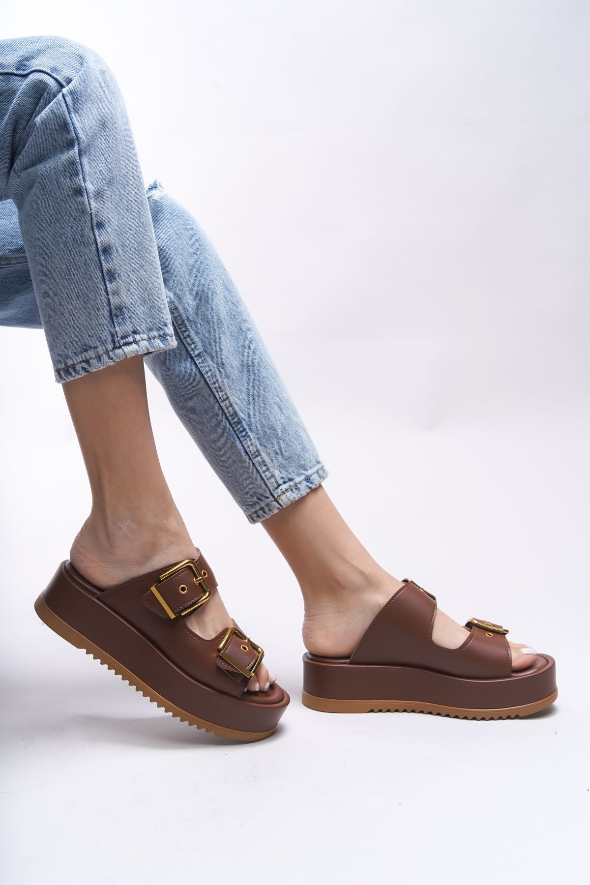 Winledha Female Double Buckle Slipper 001278 Brown Skin