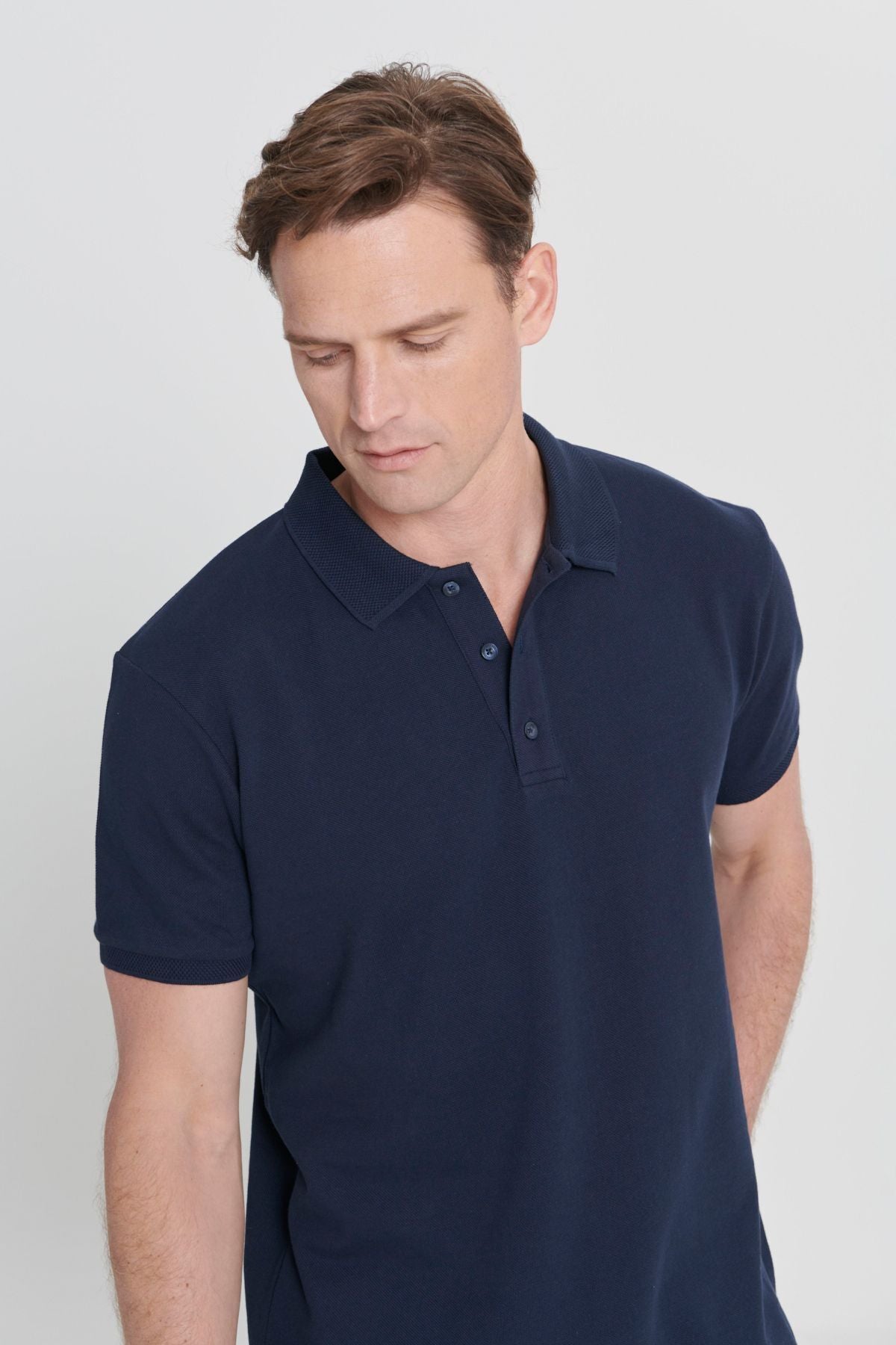 Male Navy Blue 100 %Cotton Curiated Pike Polo Yaka Slim Fit Narrow Cut T -shirt