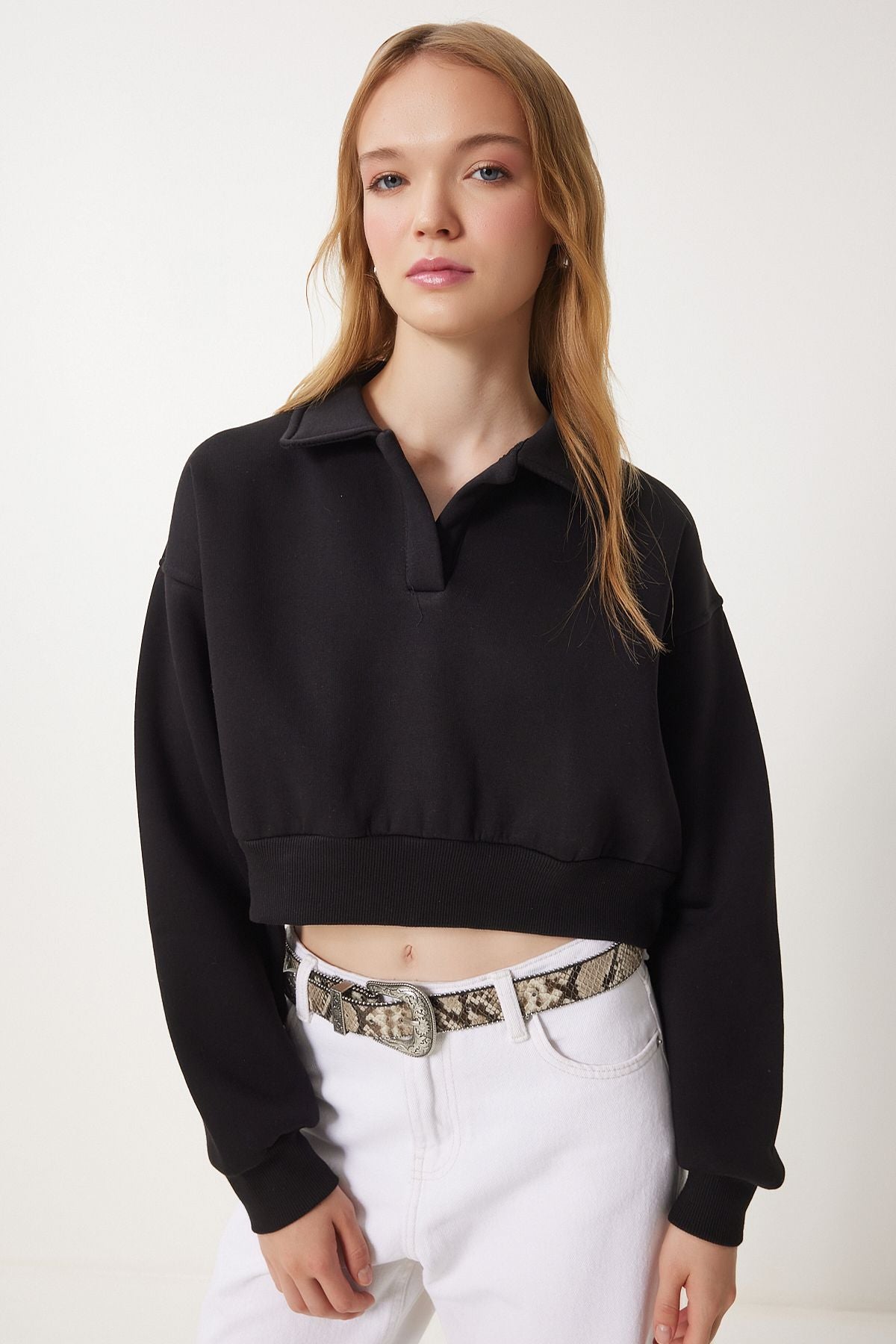 Woman Black Polo Yaka Crop knitted Sweatshirt HW00014