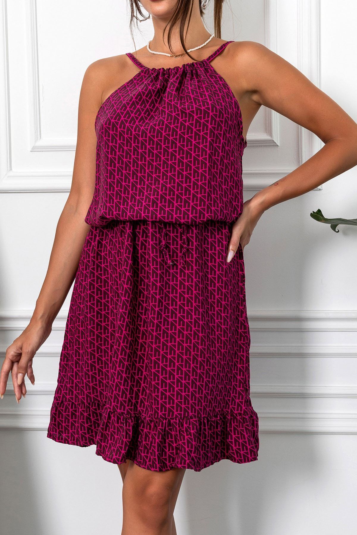 Fuchsia Fuchsia tied from the neck of the waist belt skirt frilled dress ARM-23Y001112