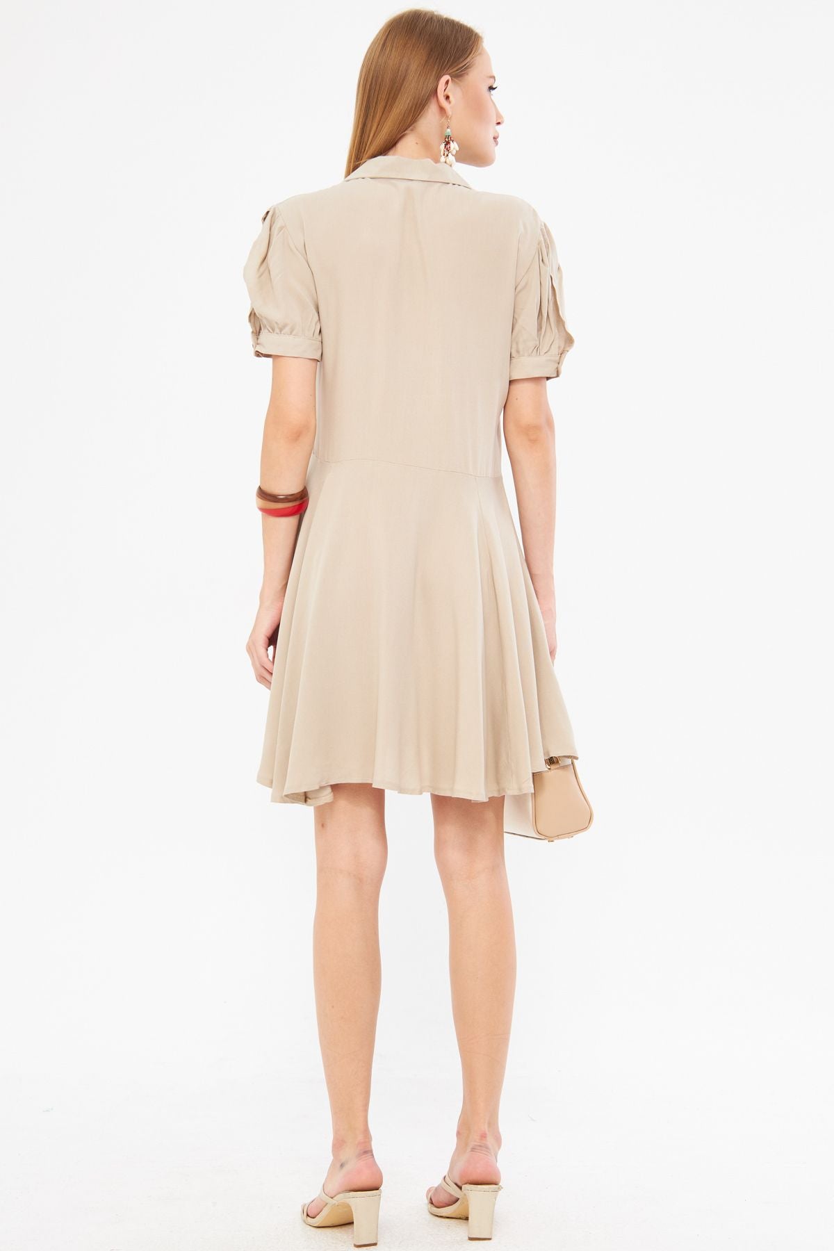 Female beige shirt collar handle slits detailed closh watermelon sleeve dress ARM-24Y001083