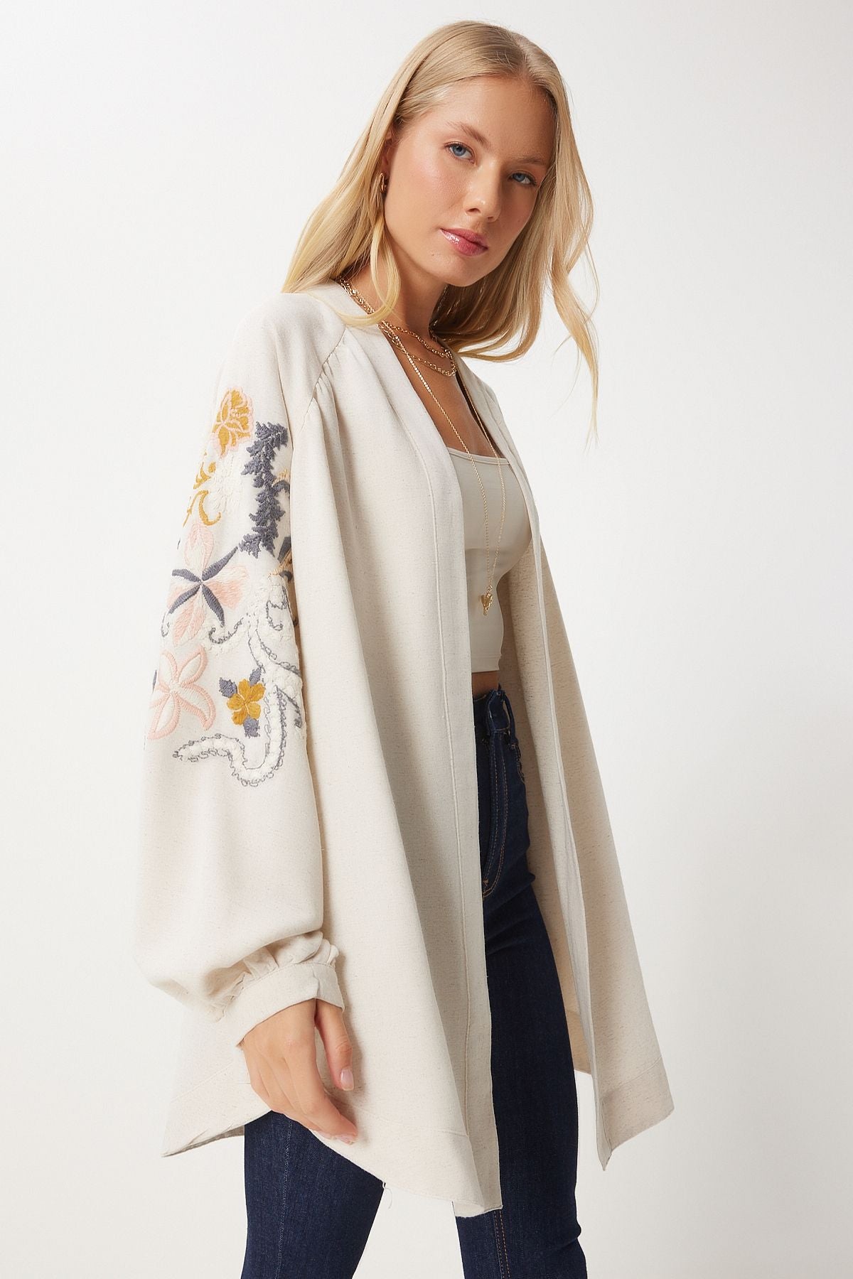 Women's Cream Orange Embroidered Kimono Or00005