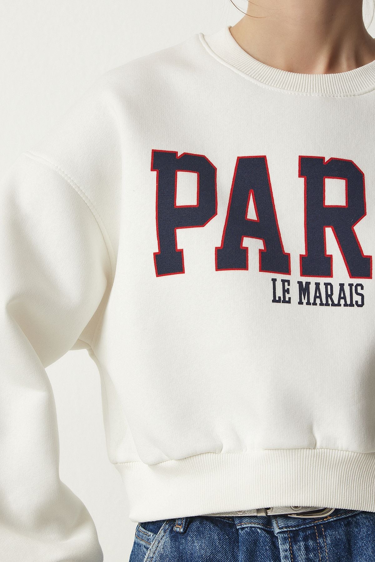 Female Ecru Printed Crop knitting Sweatshirt HF00444