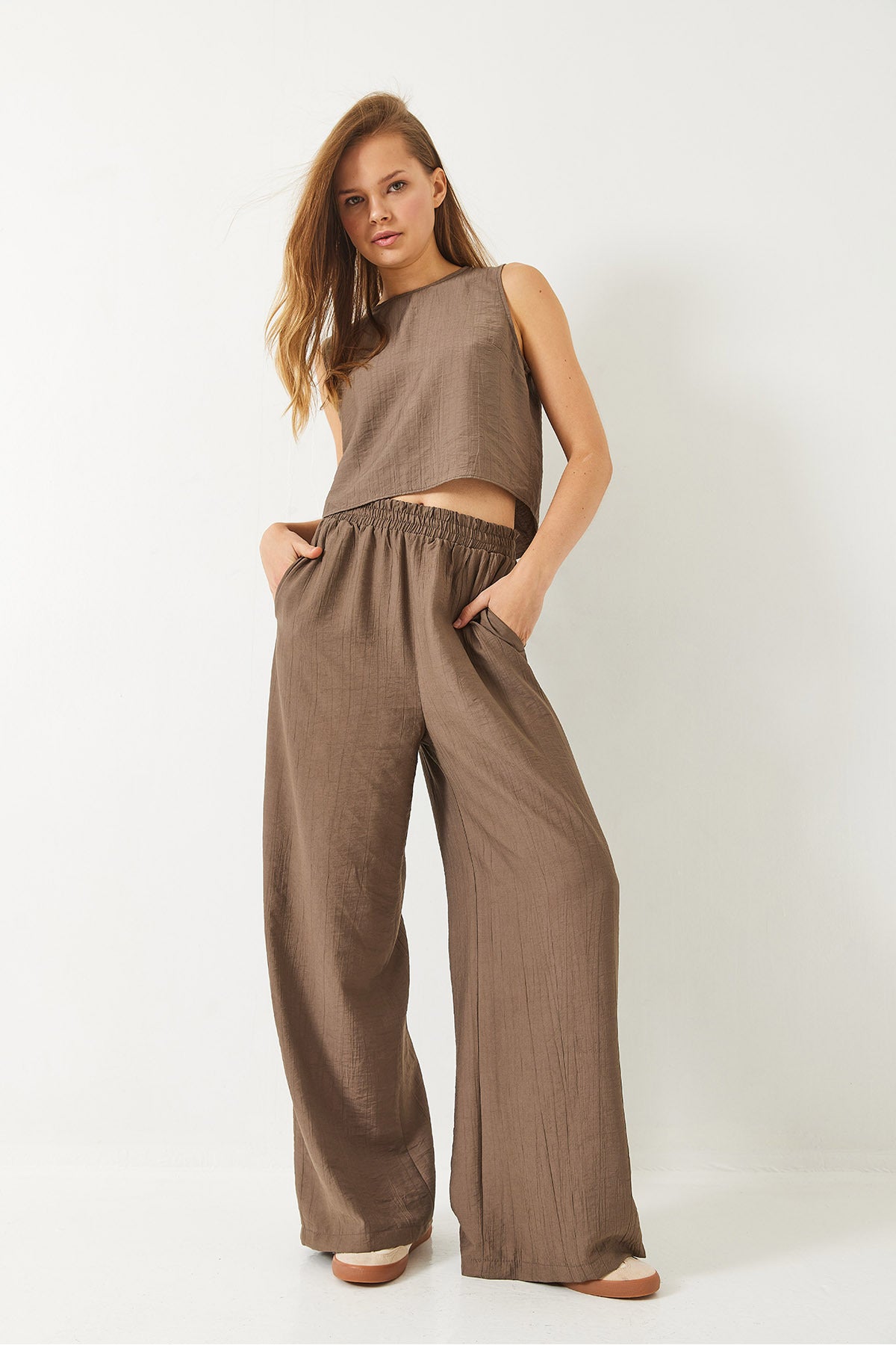 Women's Summer Top and Bottom Set with Tie Detail Vest and High Waist Trousers 9310 60281013