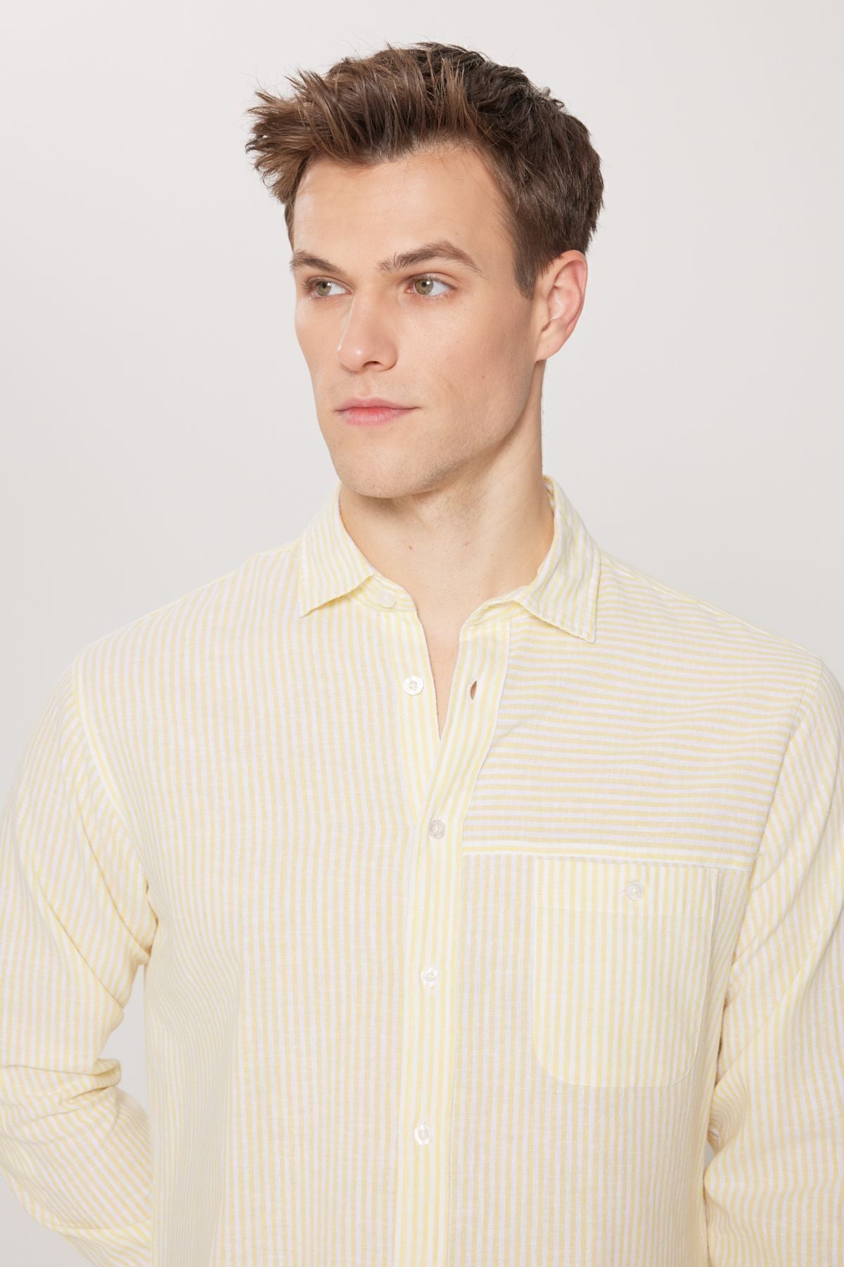 Men's Yellow-White Linen Comfort Fit Casual Cutter Classic Neckline Shirt