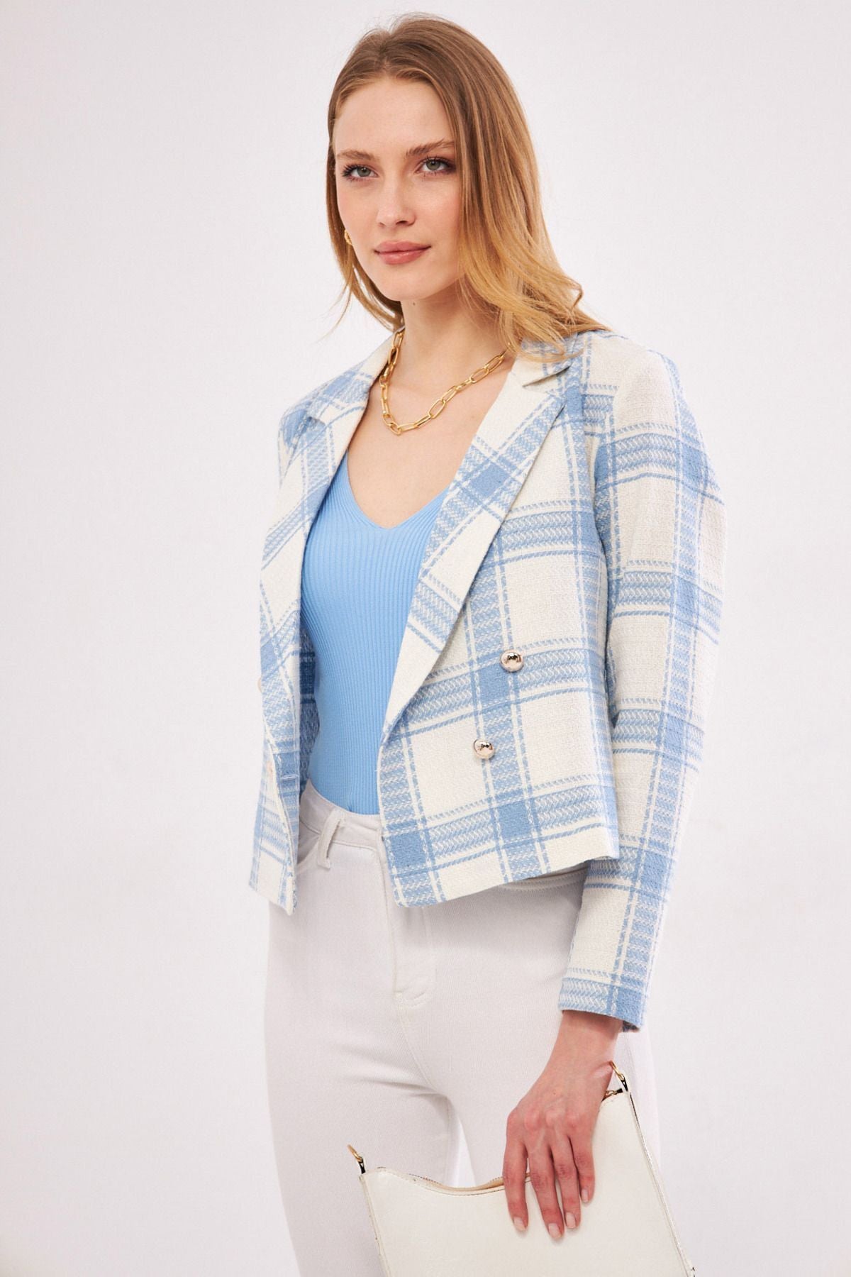 WOMEN BLUE WHITE CRAPHY YAKA TÜVİT Crop Jacket ARM-24K001014