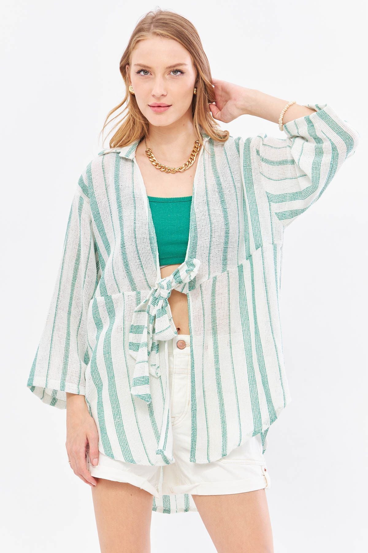 Woman Dark Green Striped front connecting kimono shirt ARM-24Y001091