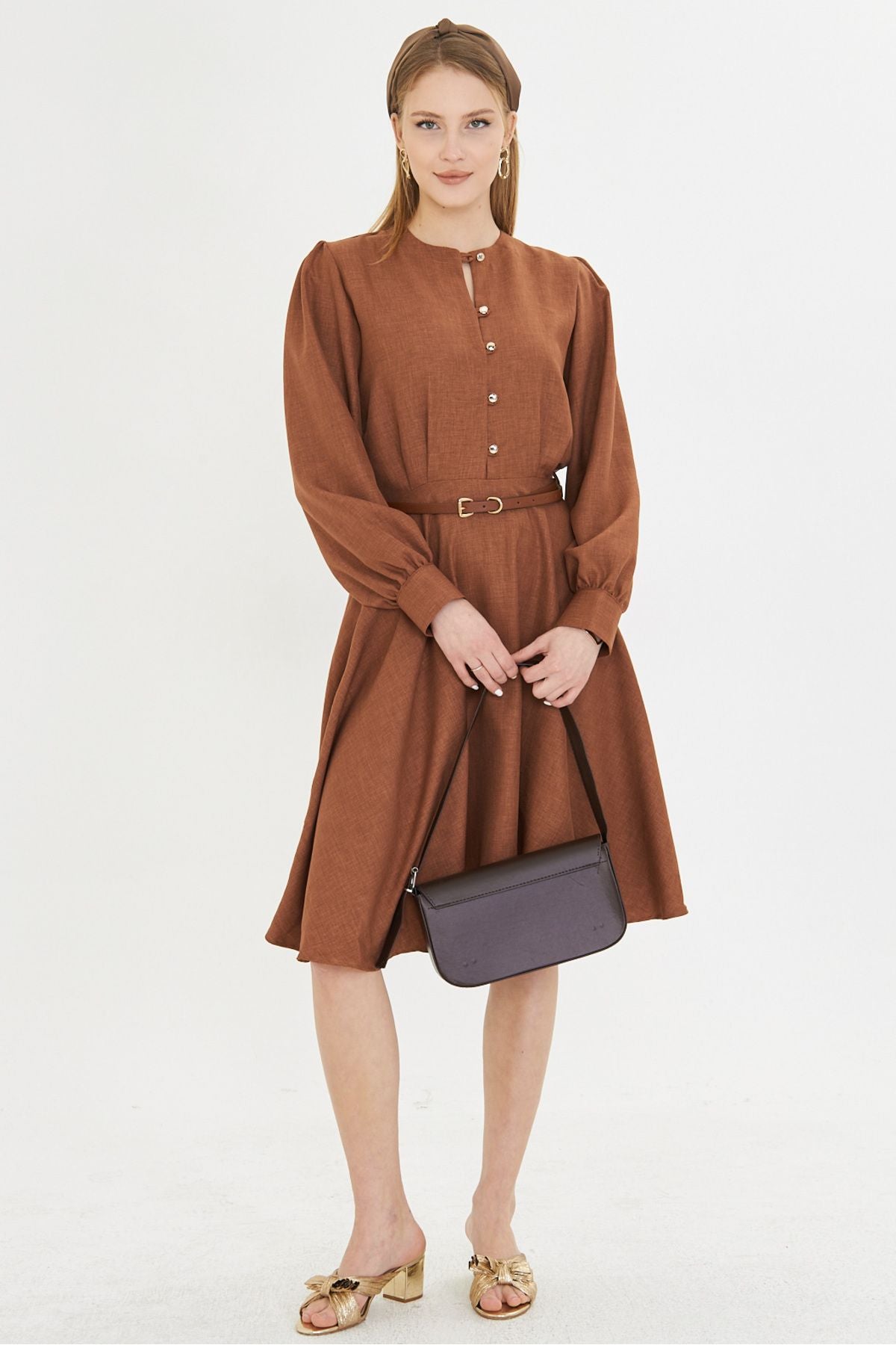 Female coffee zero collar front button arms with headlines arched arched dress Arm-25y001006