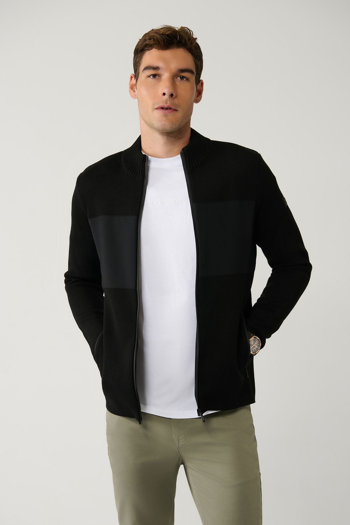 Men's black upright collar patterned technical fabric detailed zipper woolen cardigan A32y6056