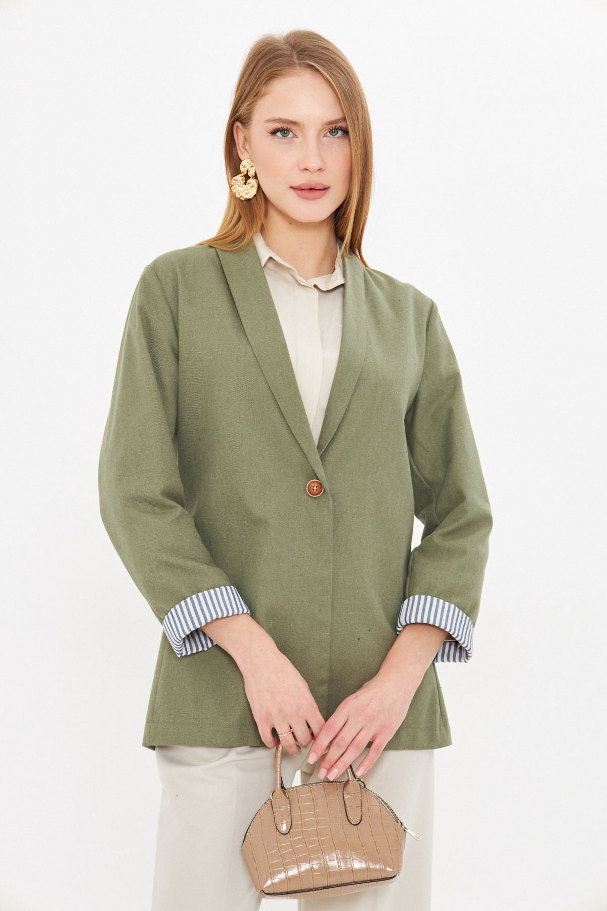 Female Green Arm Striped Single button Jacket ARM-22K001122