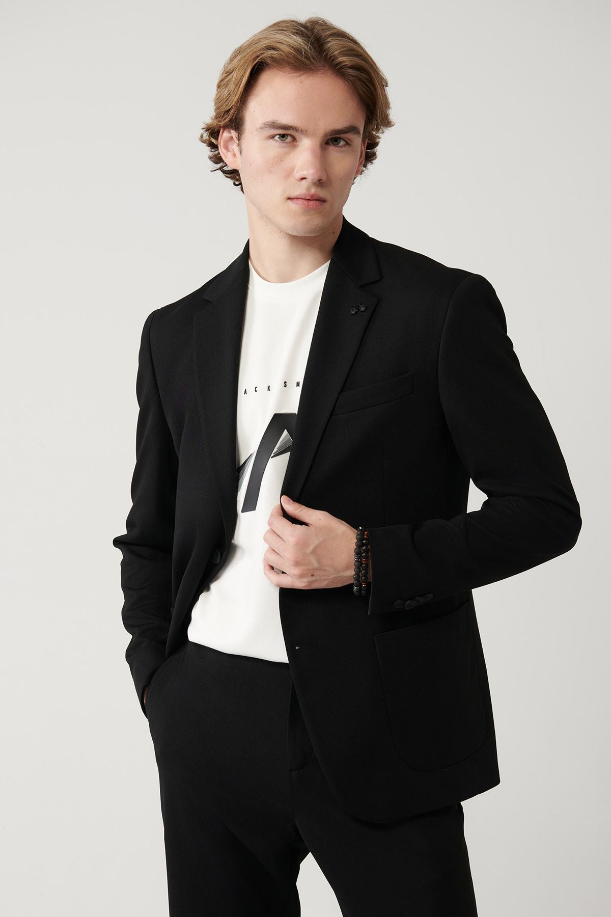 Men's black mono collar lined slit jersey fabric jacket B004000