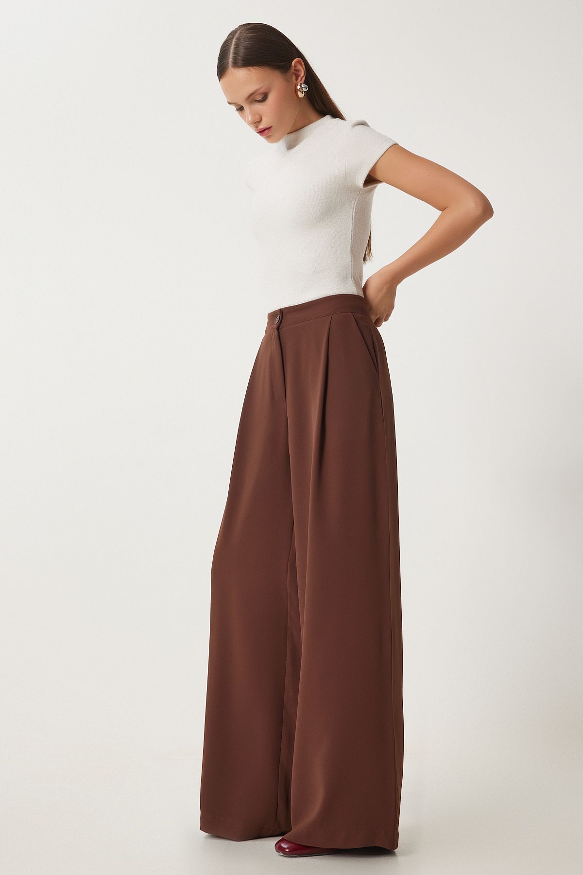 Women's brown pocket weaving palazzo pants ul00052