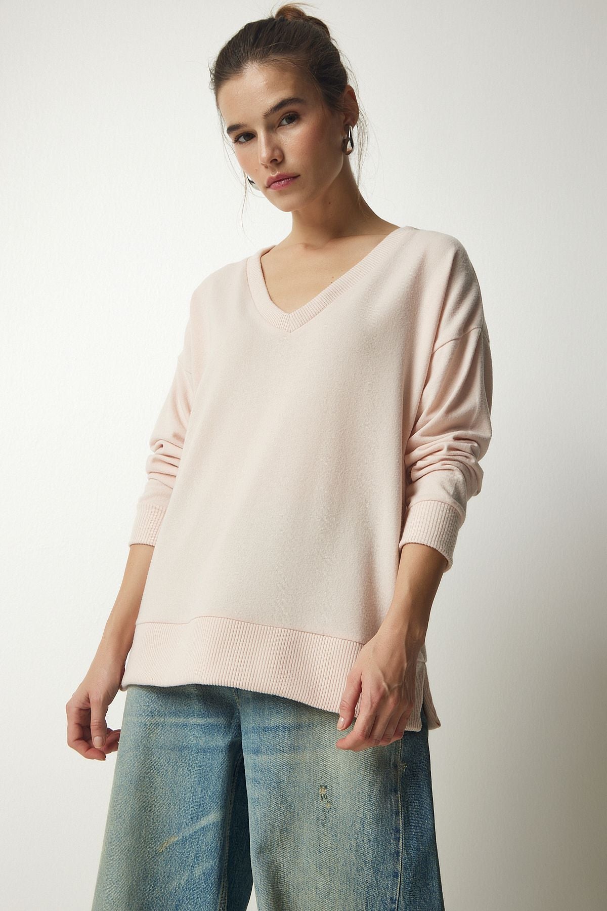 Women's Cream V neck Yumoş Knitting Sweater UB00197