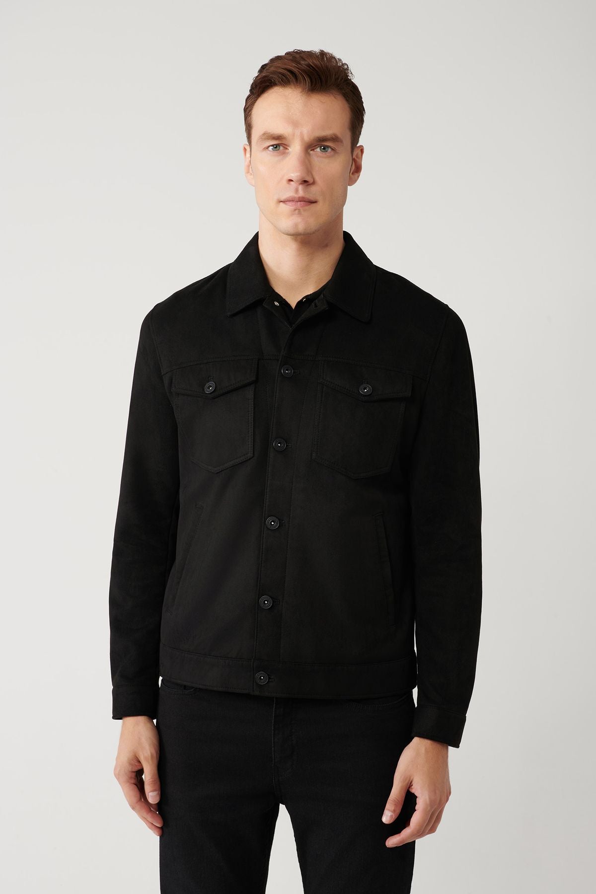 Men's black classic collar suede -looking pocket jacket A41y6011