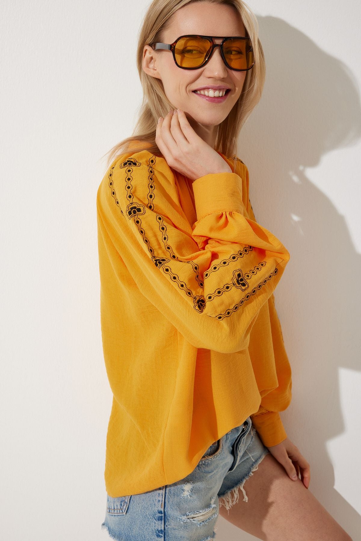 Female Orange Embroidered Oversizle Flax Blouse RG00038