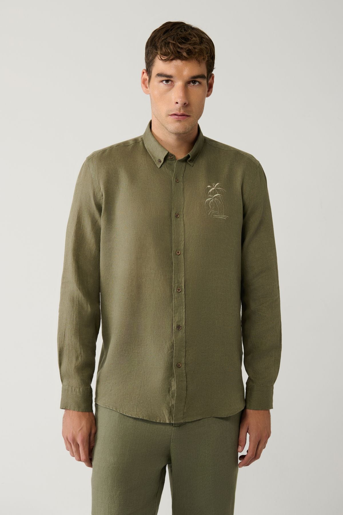 Male Khaki Buttoned Neck 100 %Linen Embroidery Shirt A41y2232