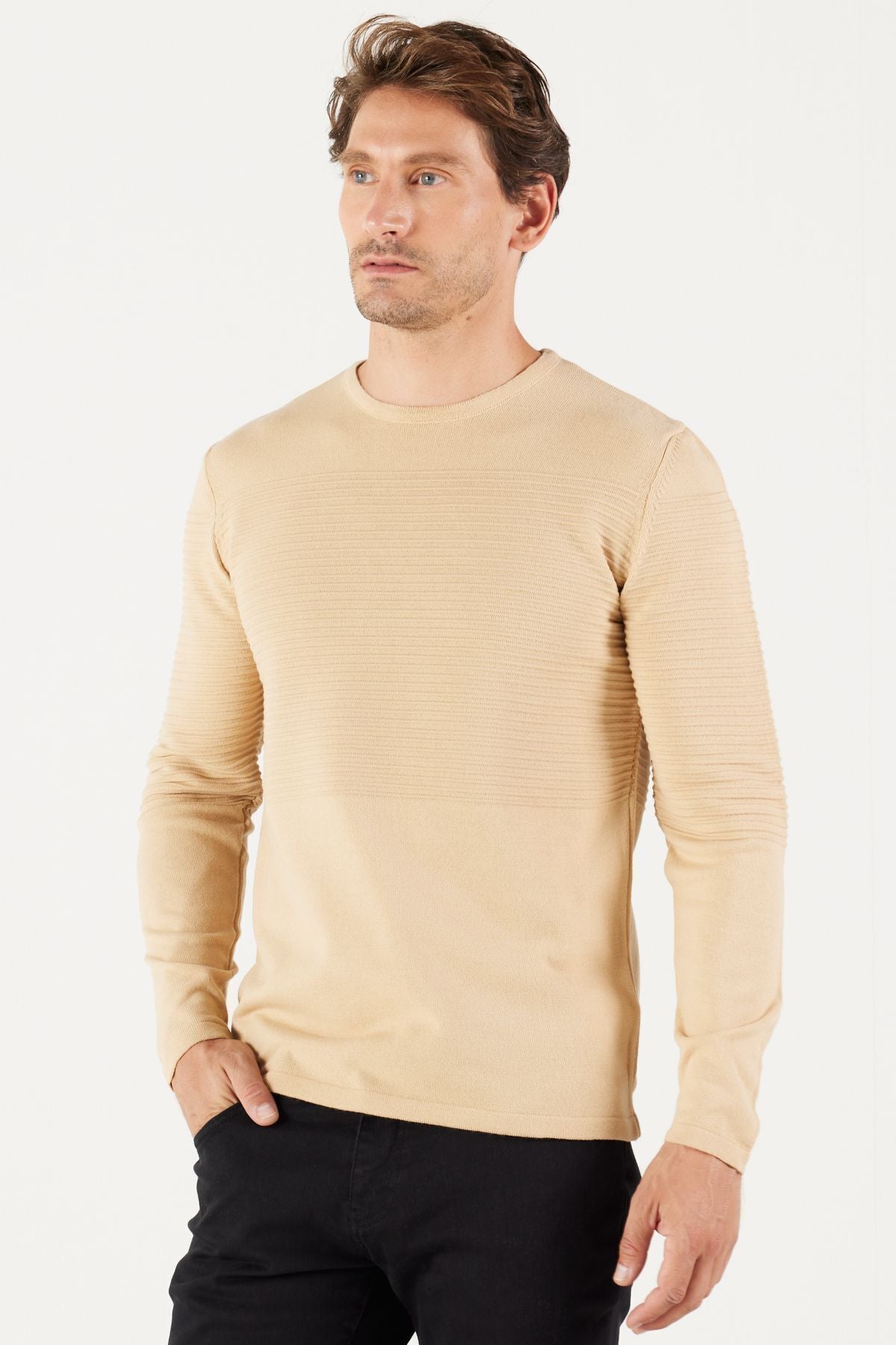 Men's Dark Beige Standard Fit Normal Cut Normal Cutting Bicycle Celko Sweater