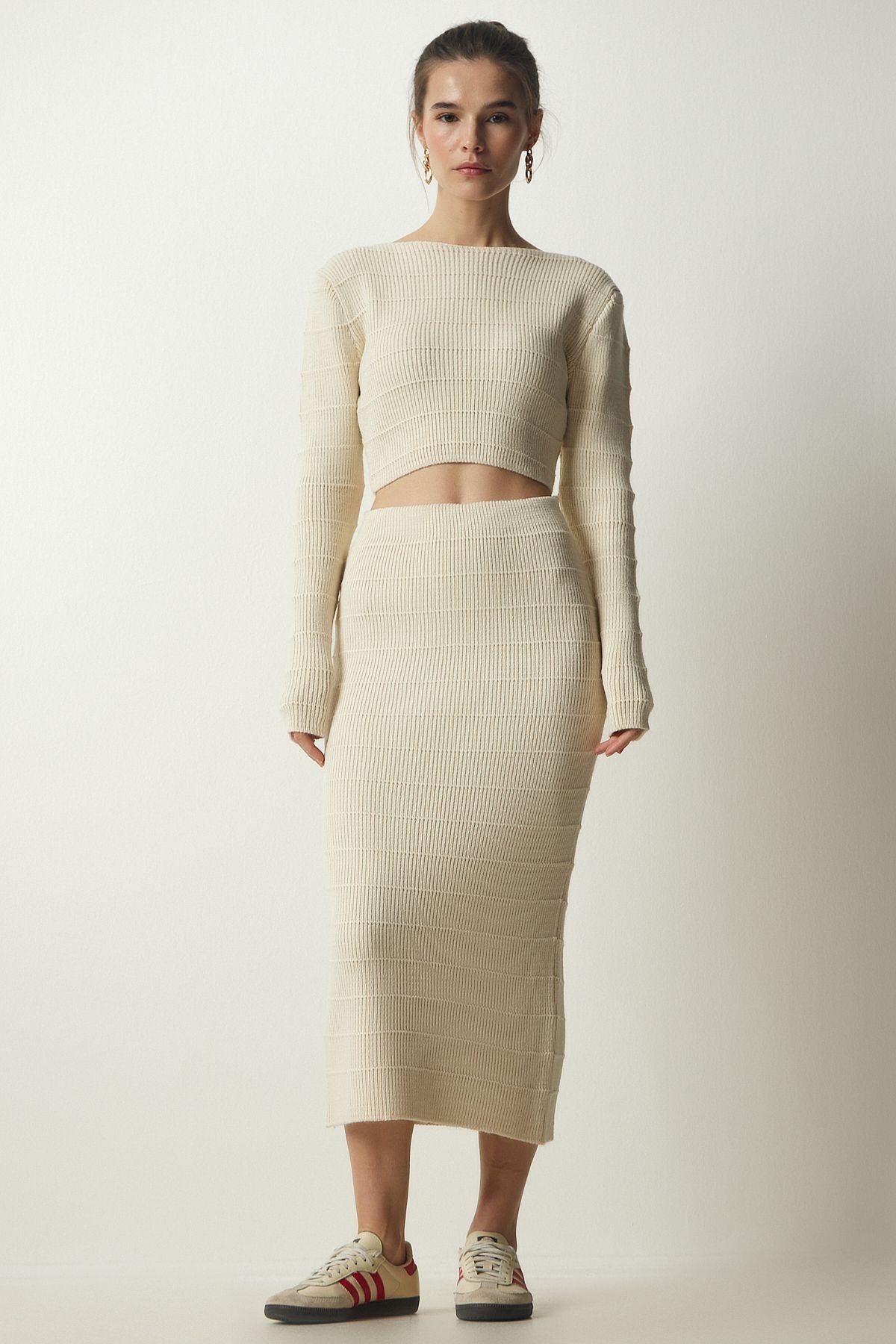WOMEN'S CREAM CROP CROP knitwear sweater skirt set YY00190