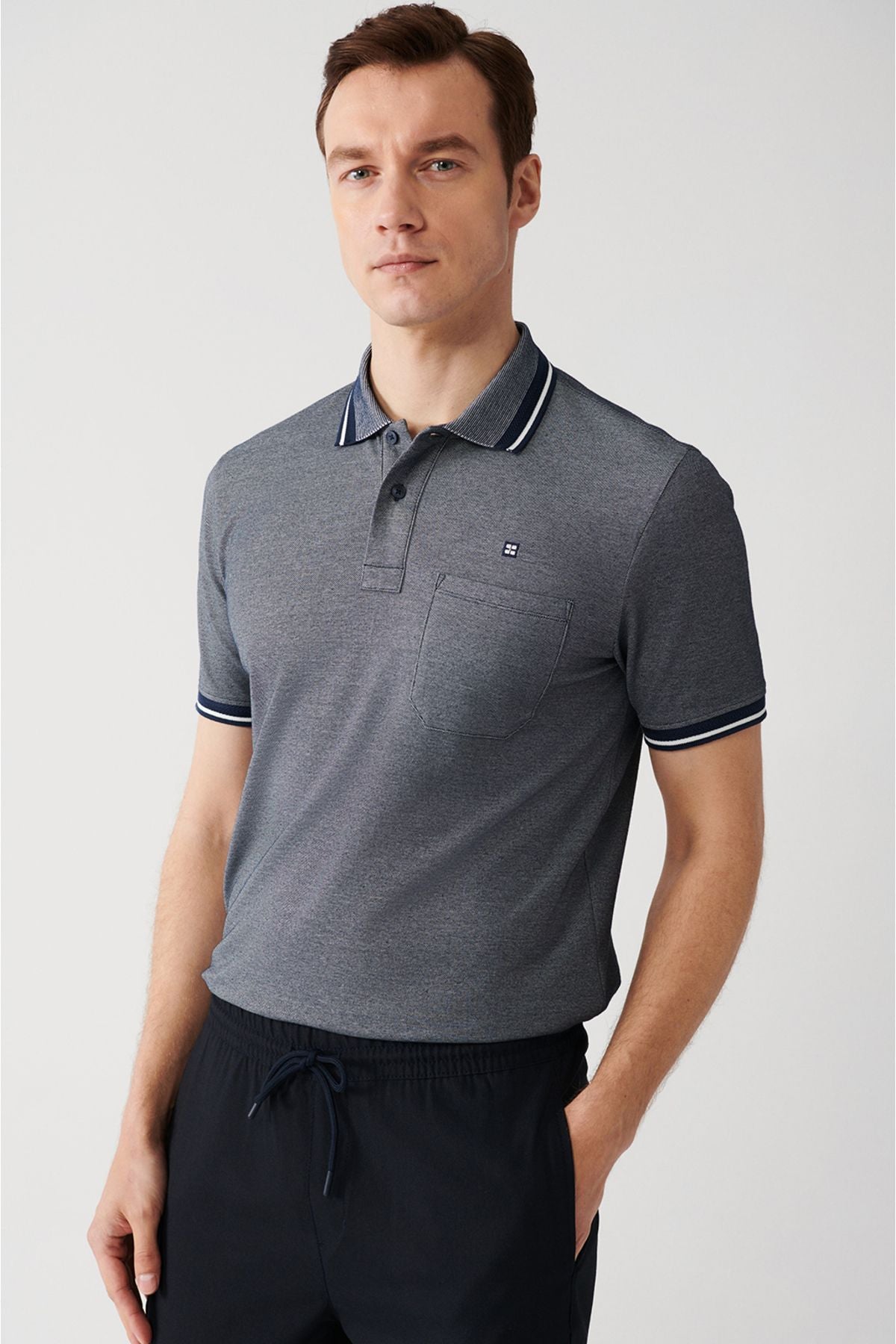 Men's Navy Blind Curlled Neck Pocket 2 Button Polo Yaka T-Shirt E001031