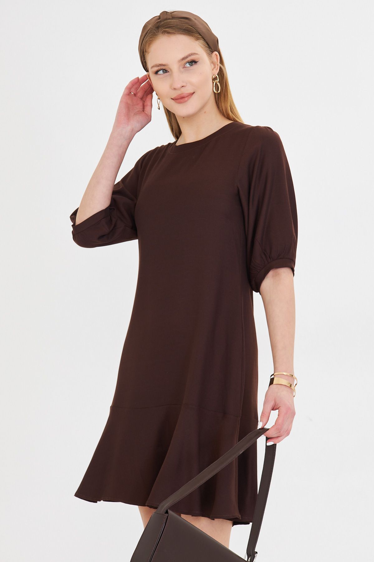 Female Coffee Zero Collar Quarter Sleeve Skirt Flane Dress ARM-25Y001007
